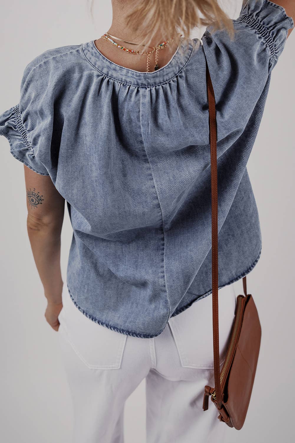 Ruffled Short Puff Sleeve Denim