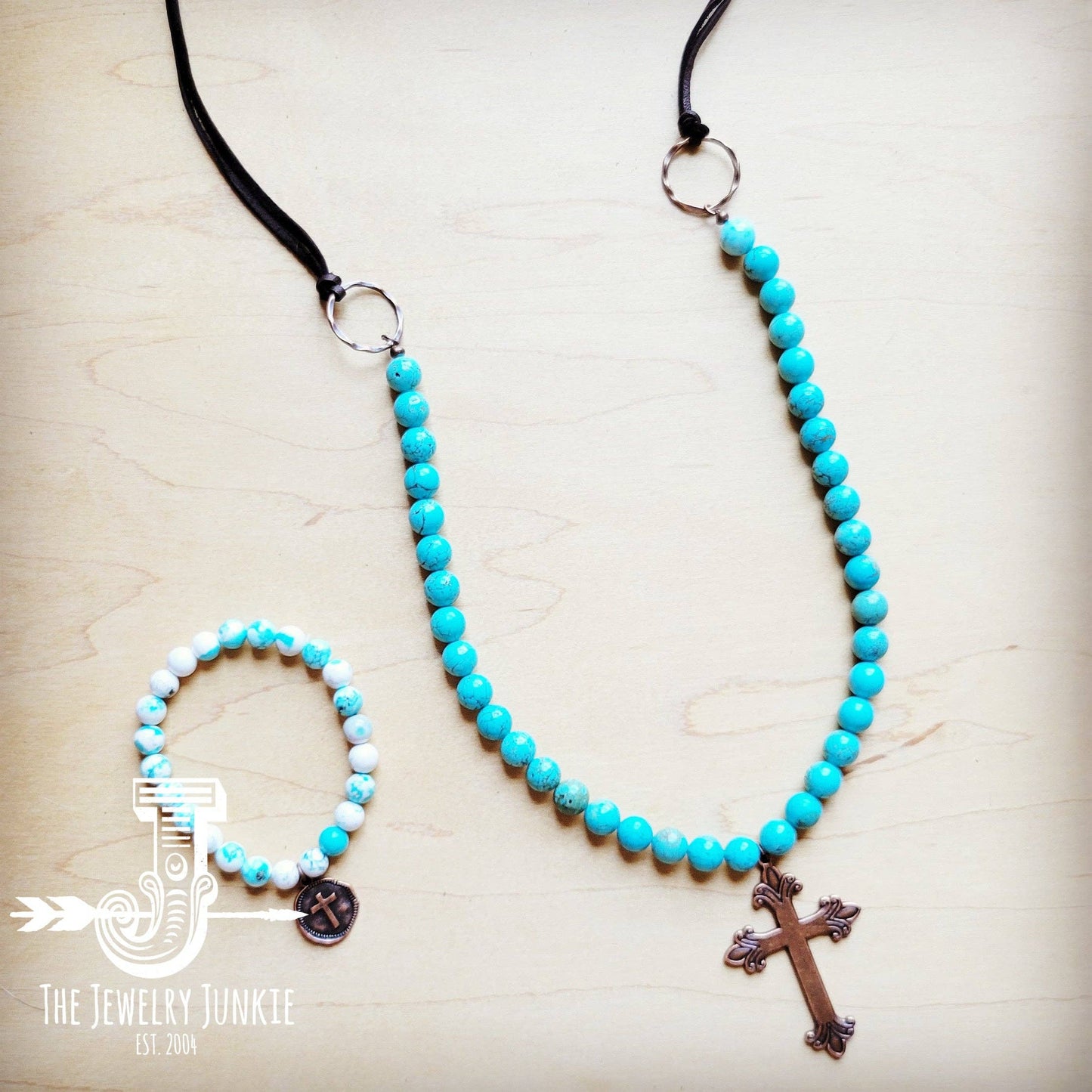 Frosted Magnesite Necklace w/ Copper Cross