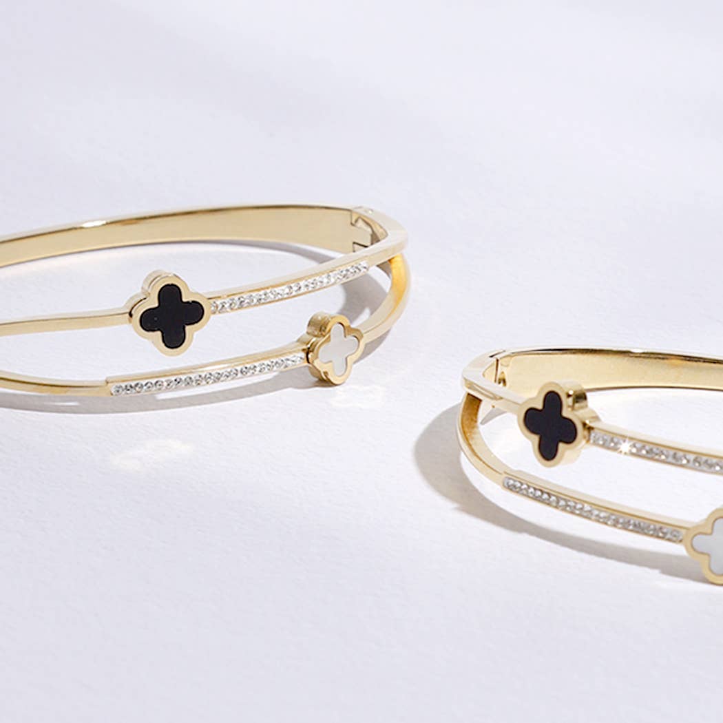 Gold Plated Two Tone Clover CZ Bangle Bracelet