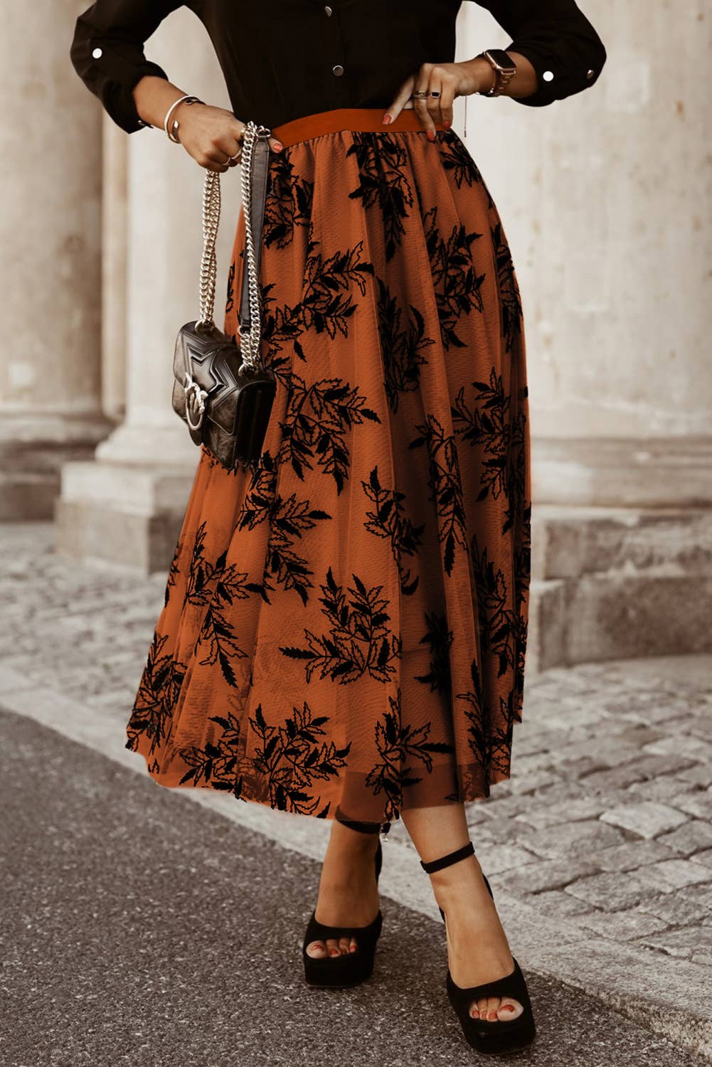 Tan Leaves Embroidered Maxi Skirt