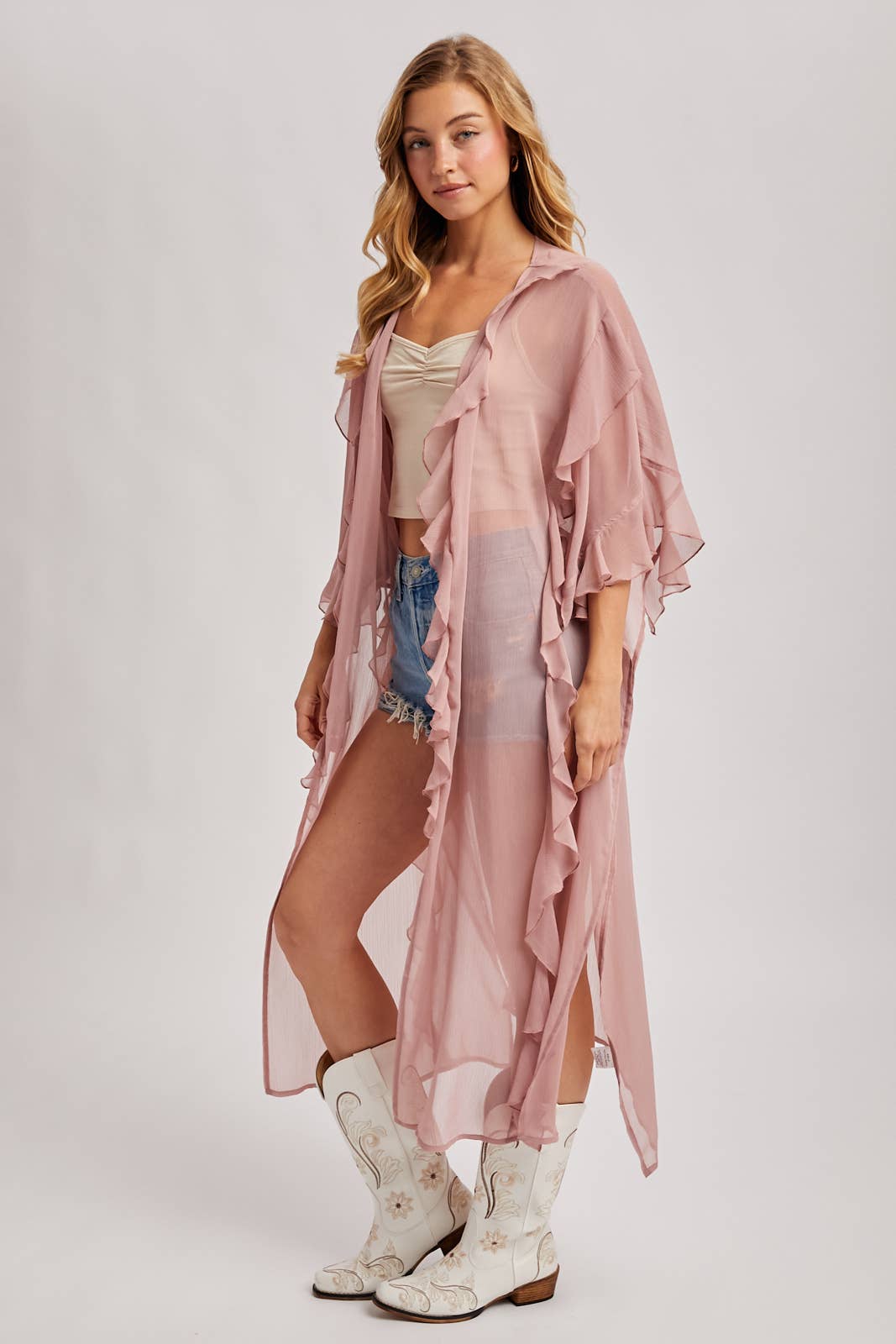 Sheer Dusty Rose Ruffled Kimono