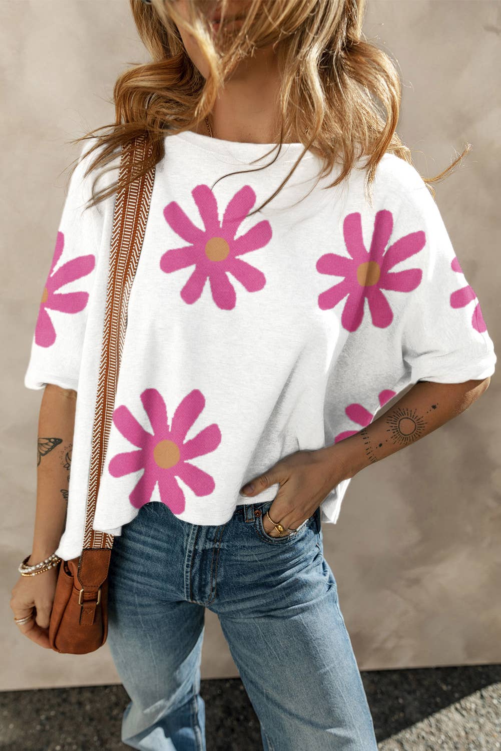 Flower Pattern Round Neck Blouse