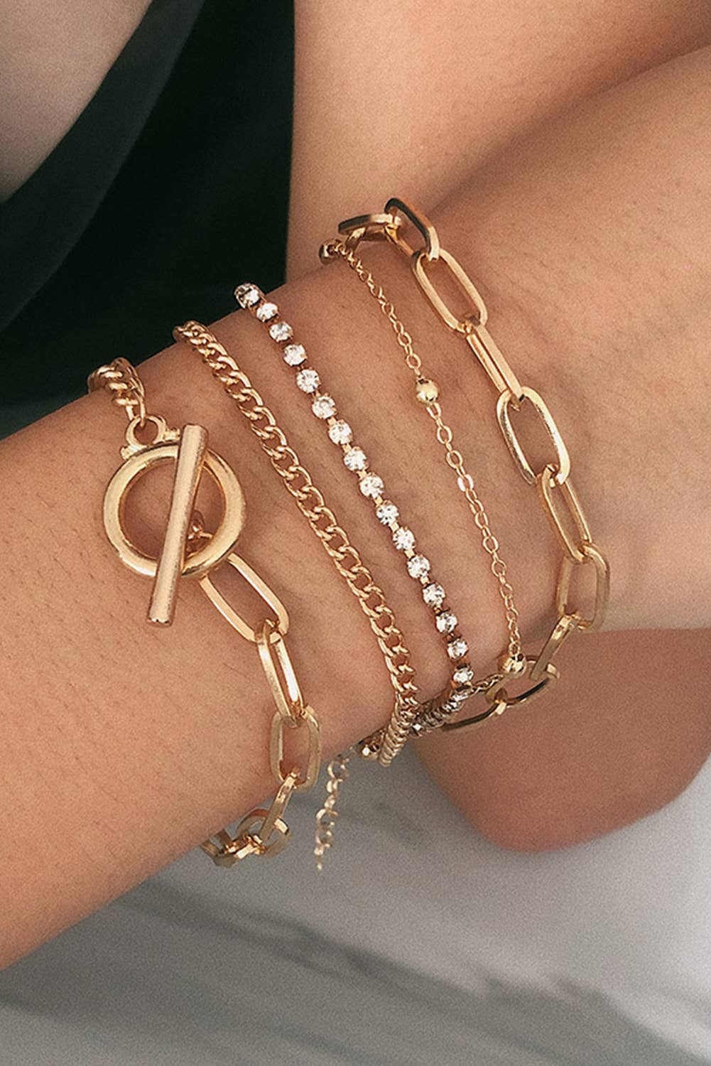 Multi-layered Rhinestone Plated Chain Bracelet Set