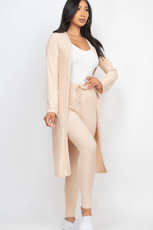 Taupe Ribbed Long Cardigan & Leggings Set