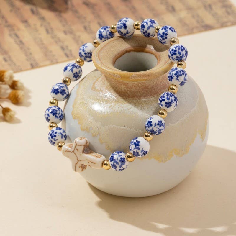 Blue Ceramic Porcelain Cross Bracelet