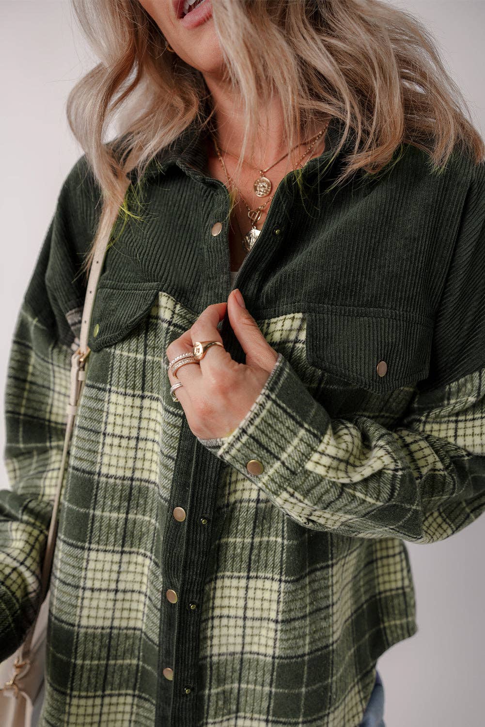Blackish Green Snap Buttons Plaid Shacket