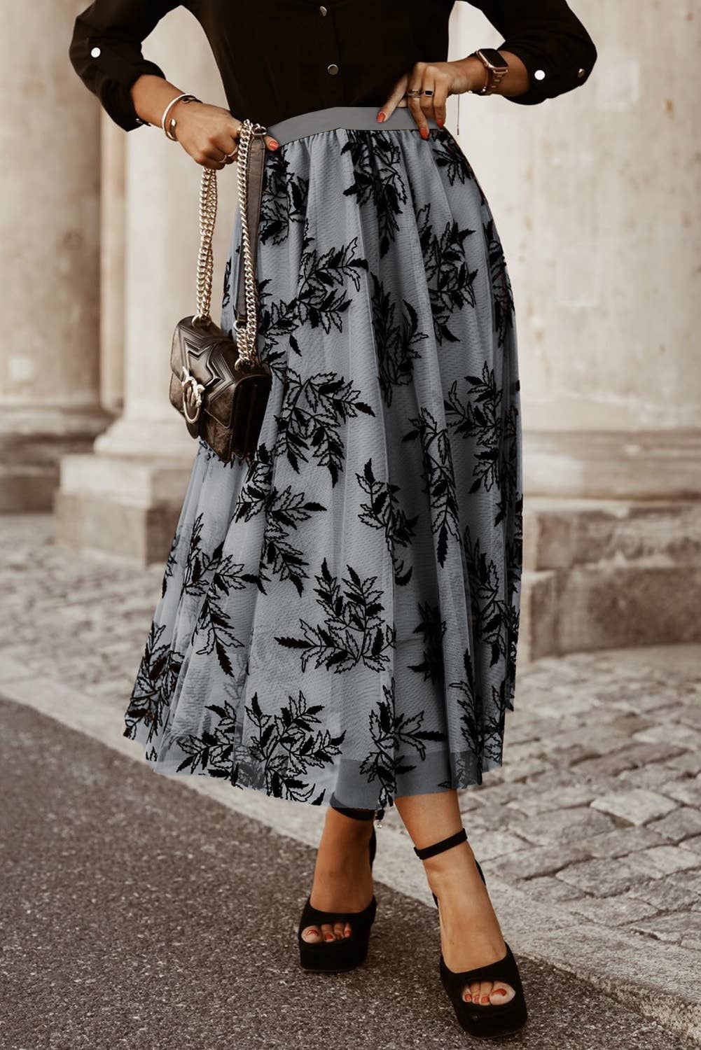 Tan Leaves Embroidered Maxi Skirt