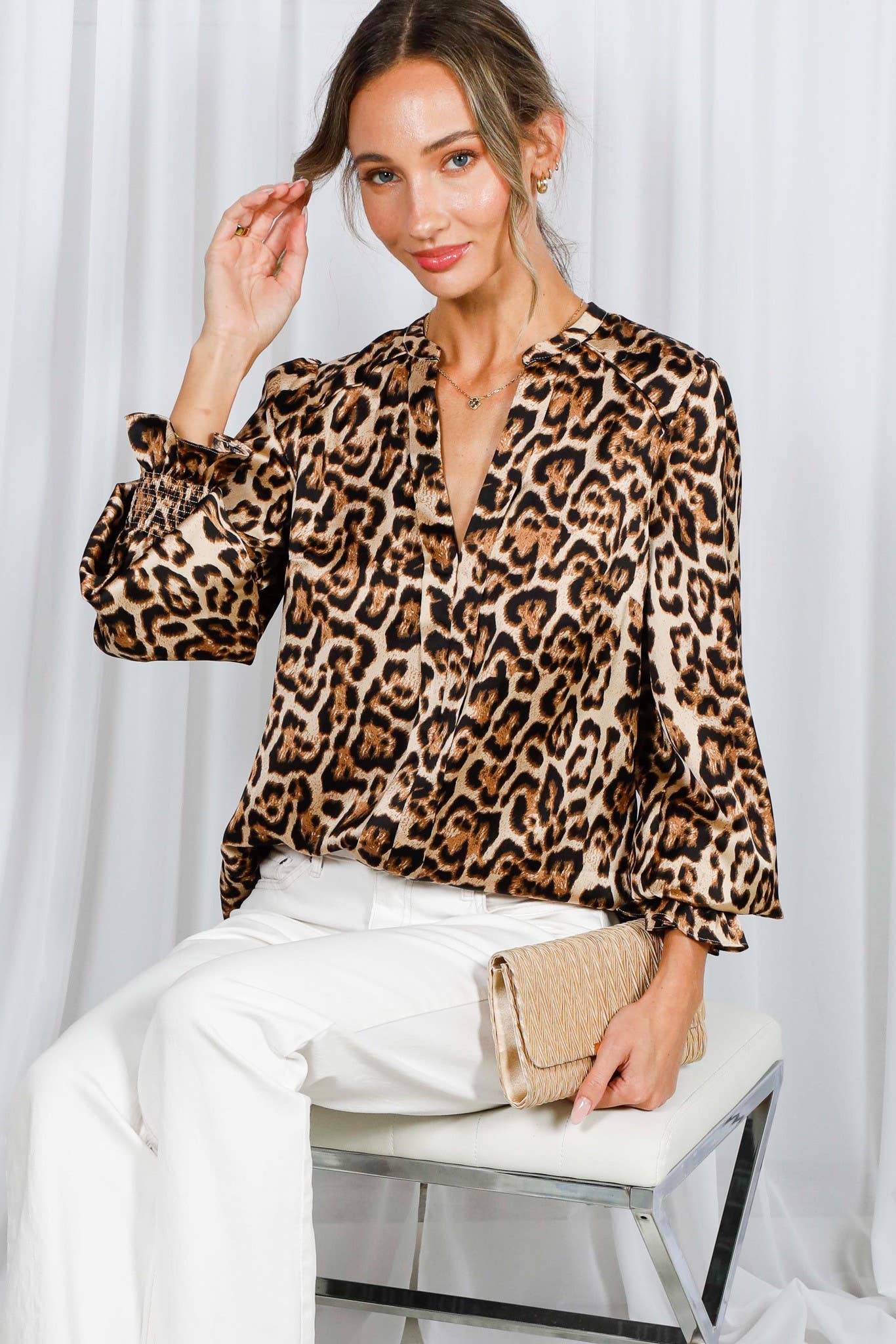 Henley Neckline Smocking Leopard Blouse