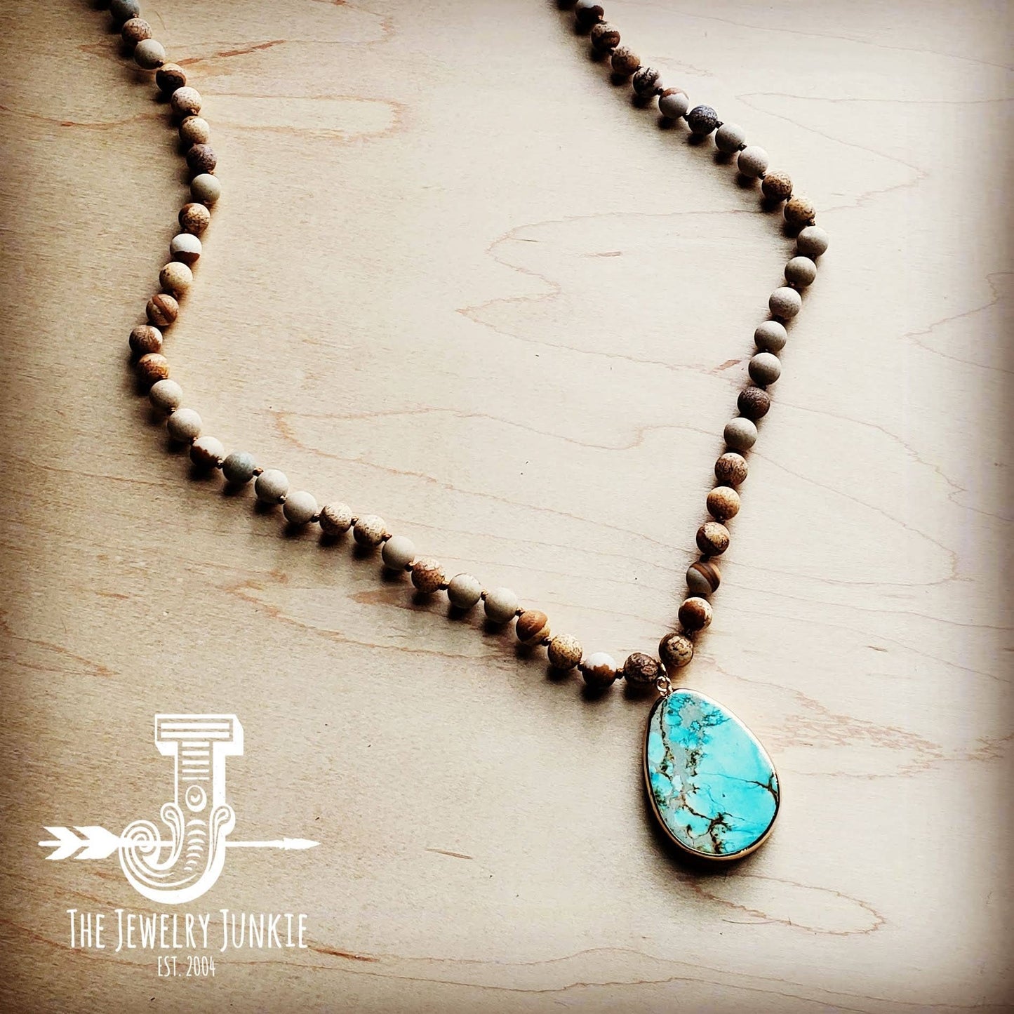 Bohemian Beaded Jasper Necklace with Ocean Agate Pendant 245