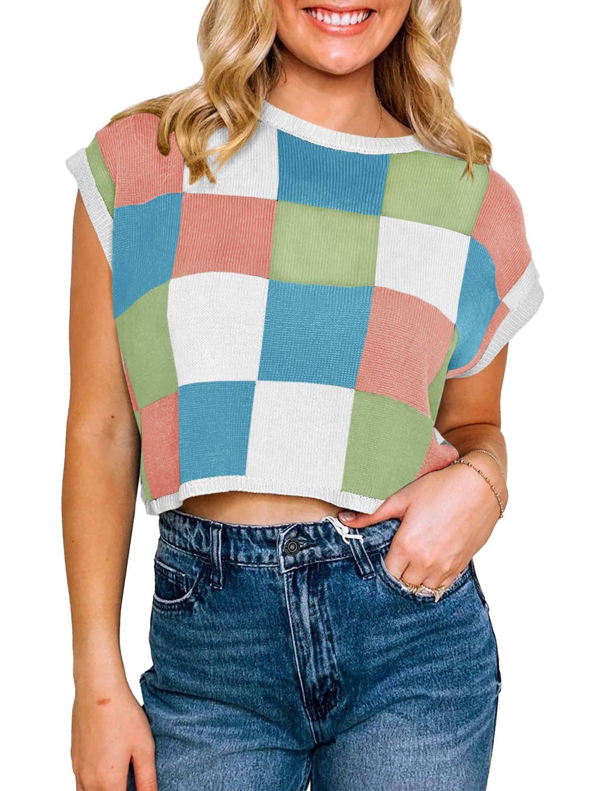 Women’s Colorblock Checkerboard Knit Crop Sweater Tee