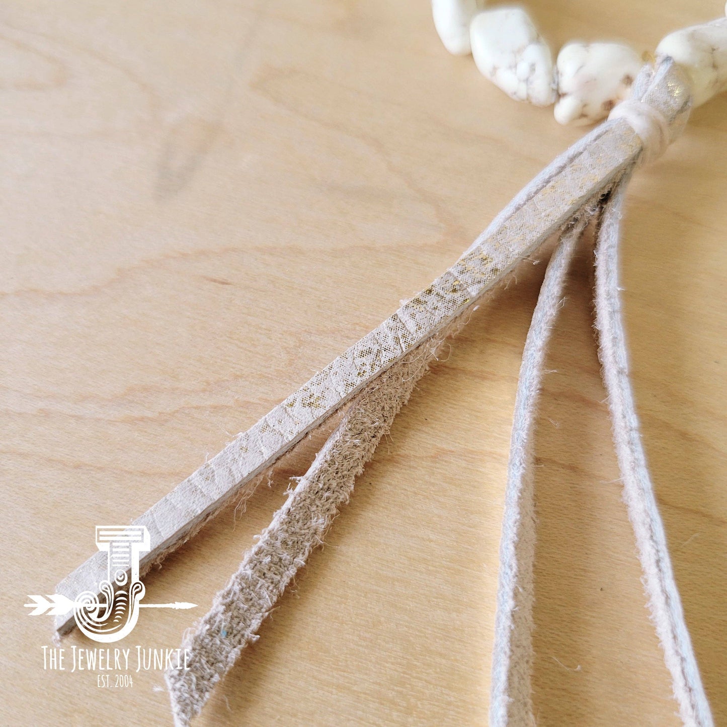 White Turquoise Beaded Bracelet w/ Leather Tassel