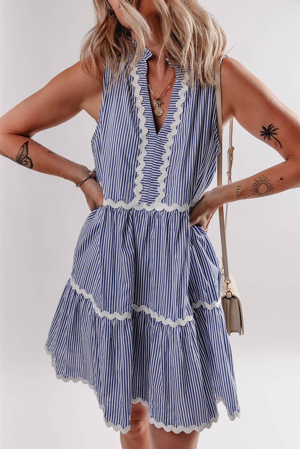 Blue Striped Sleeveless Mini Dress