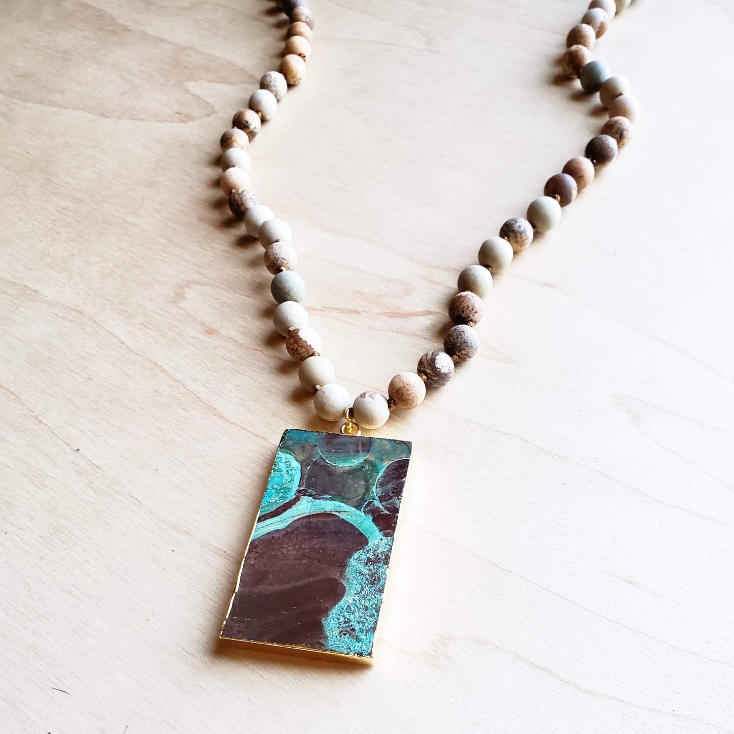 Bohemian Beaded Jasper Necklace with Ocean Agate Pendant 245