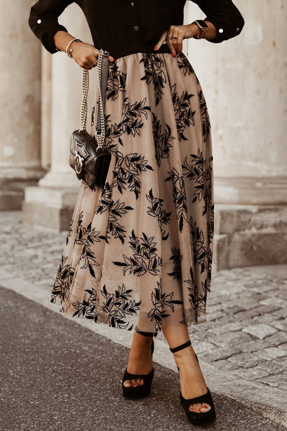 Tan Leaves Embroidered Maxi Skirt