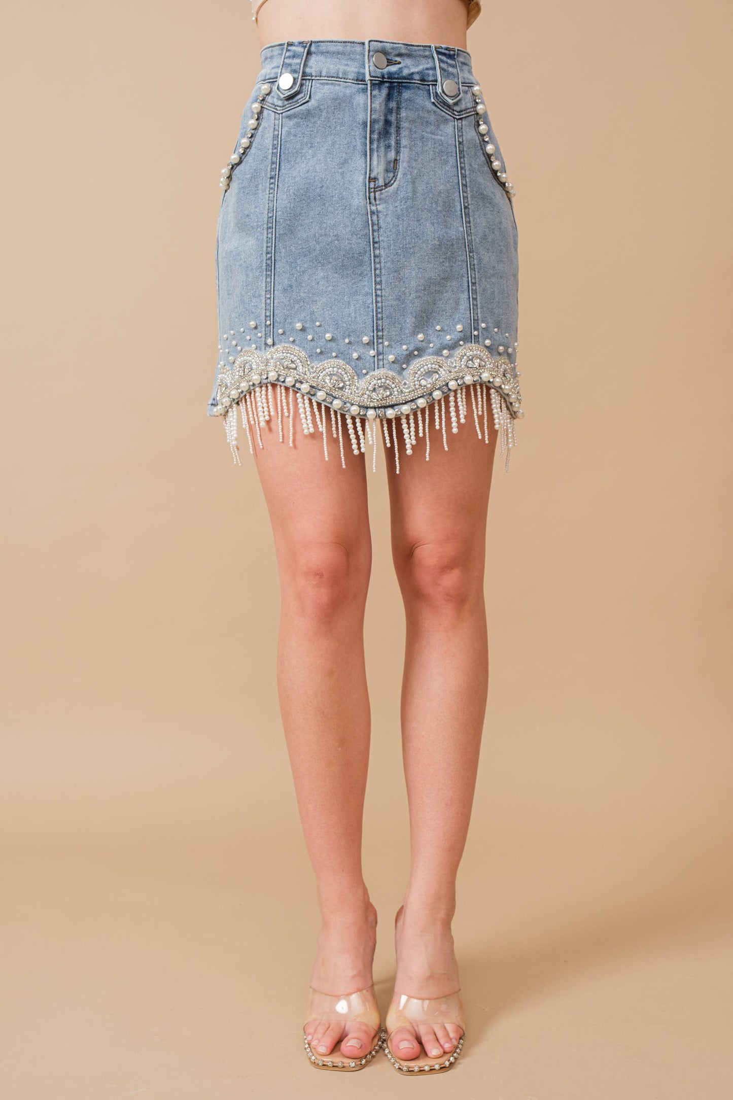 Denim Embellished Pearl Mini Skirt