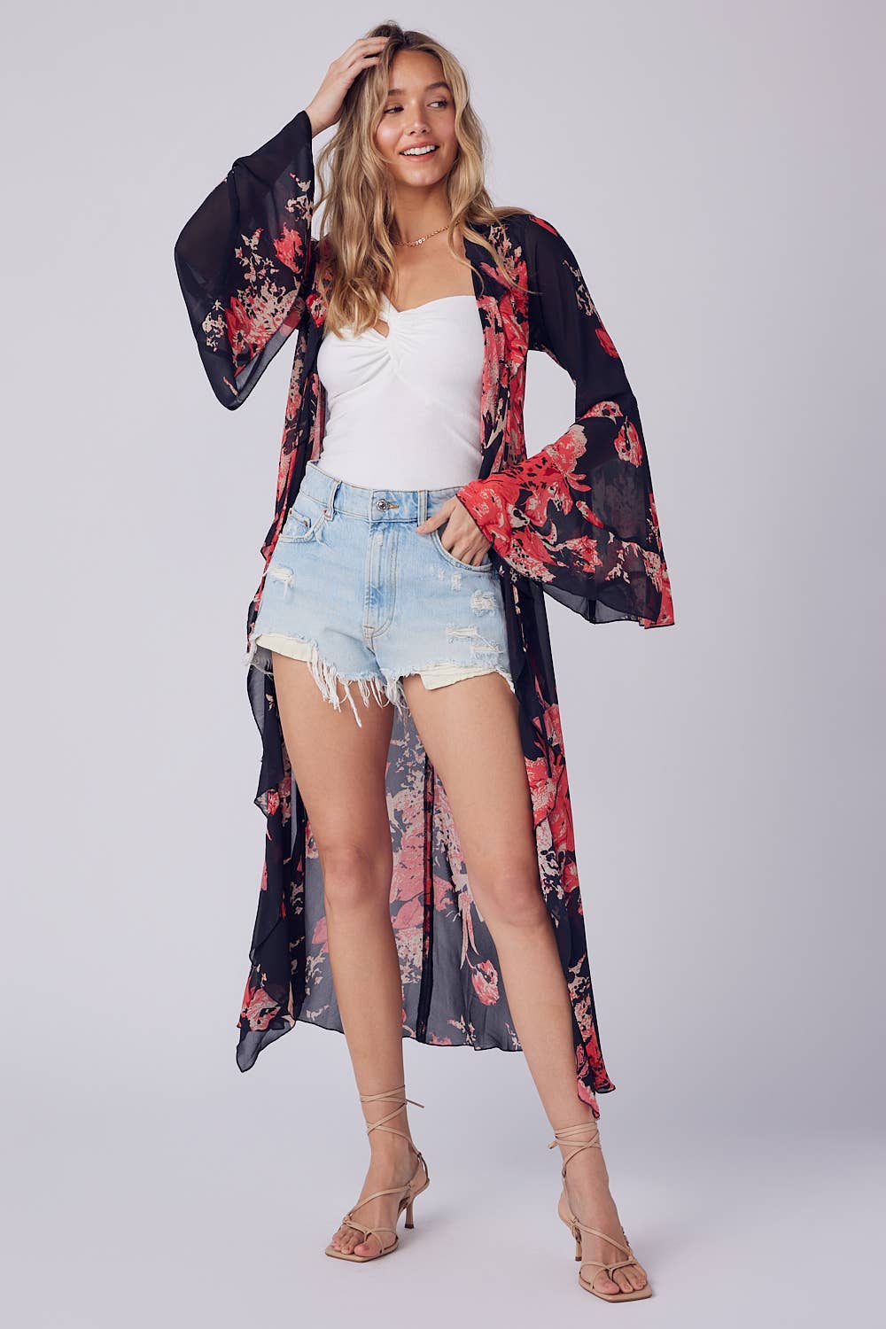 Floral Print Ruffle Kimono