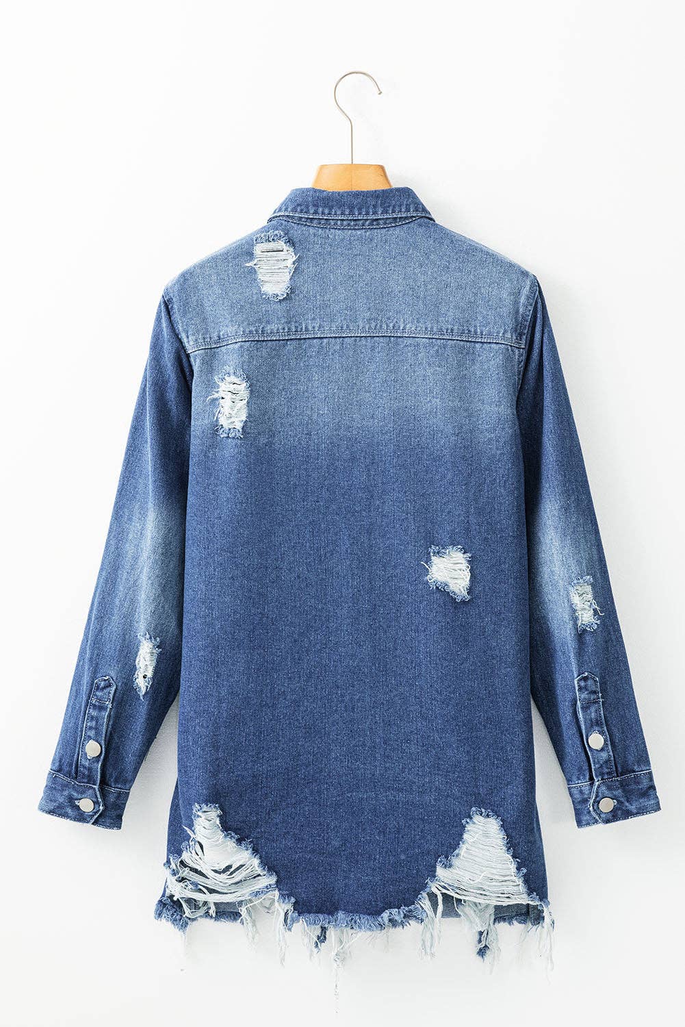 Mineral Wash Distressed Long Denim Jacket