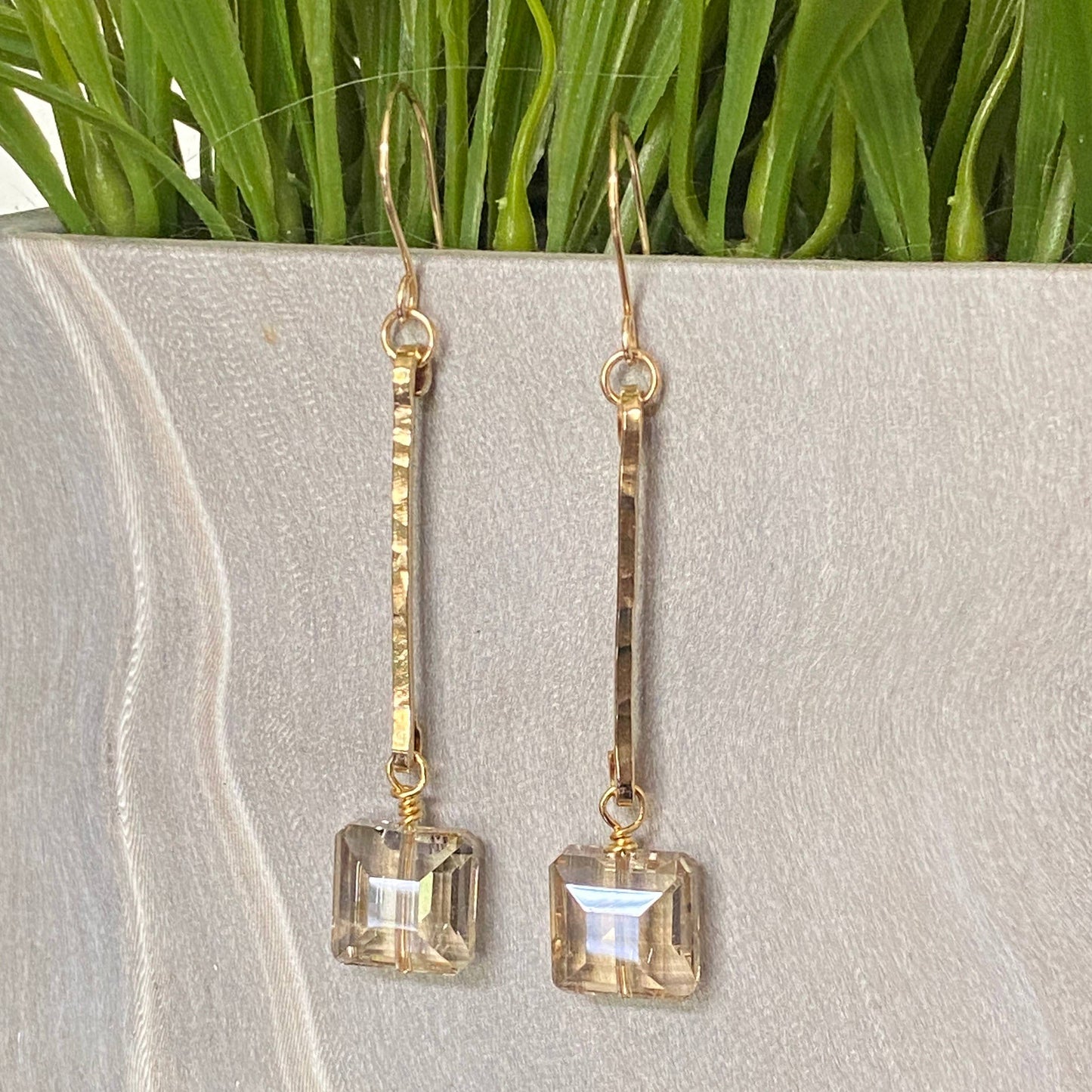 Gold Earrings Hammered Bar and Crystal Drop Dangle