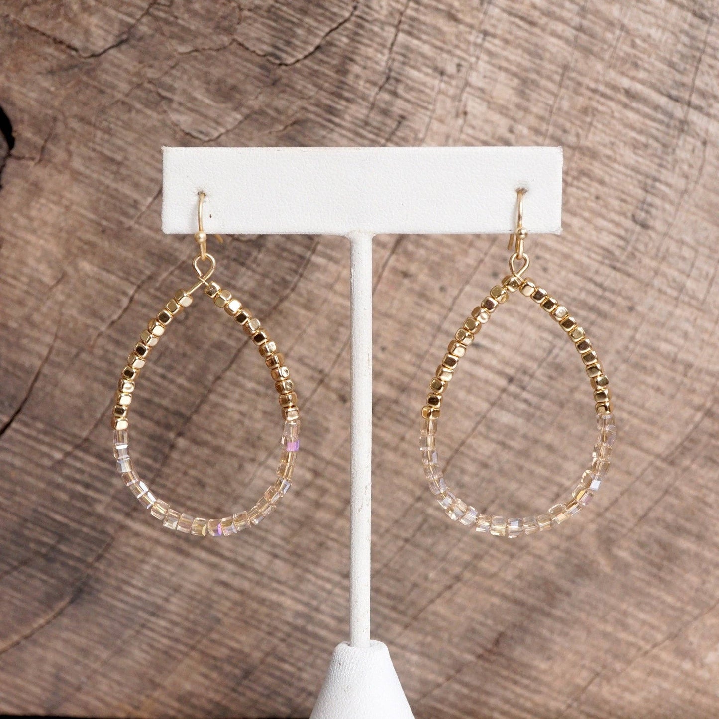 Glass & Gold Beaded Teardrop Earrings Purple