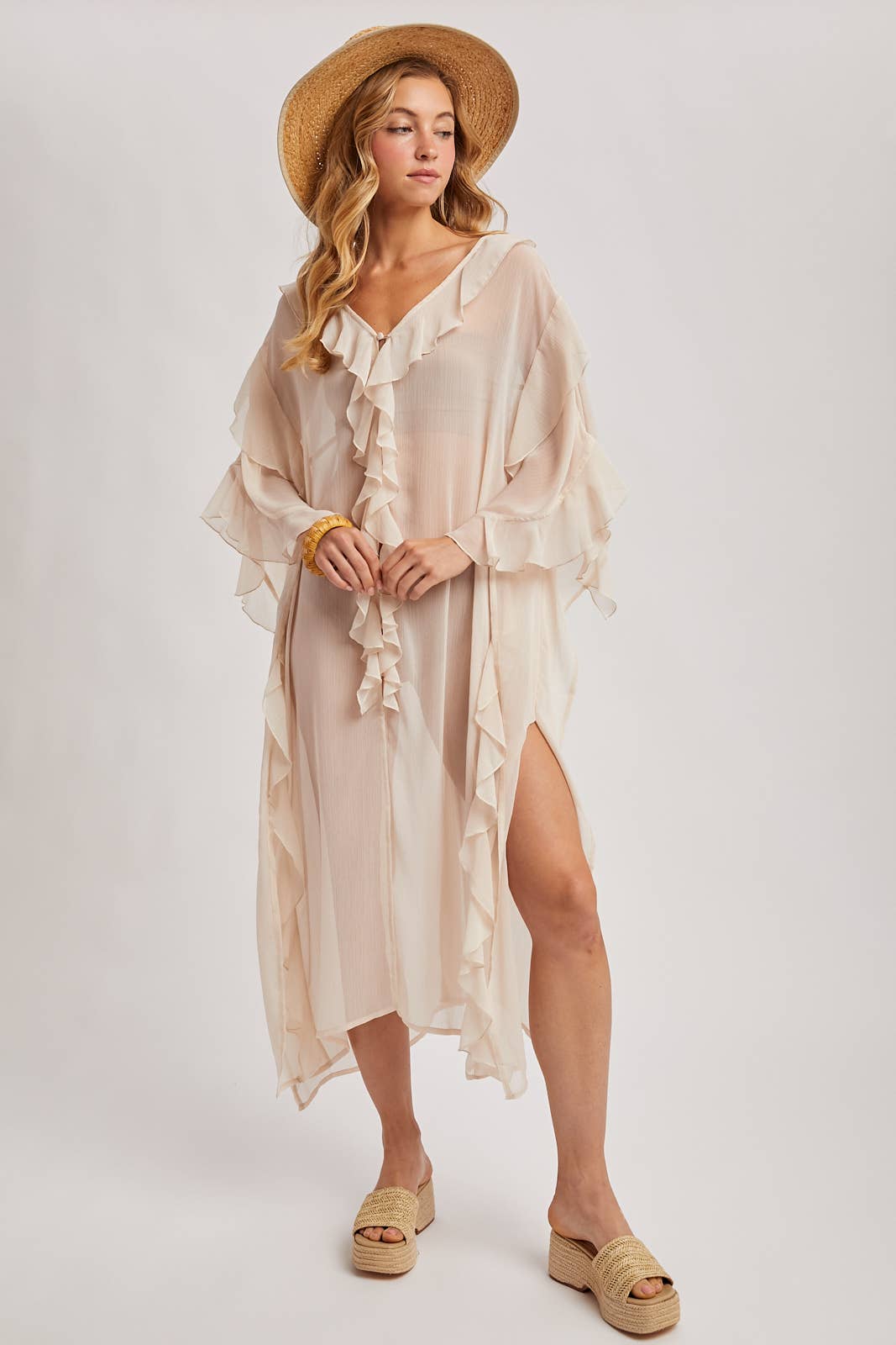 Sheer Dusty Rose Ruffled Kimono