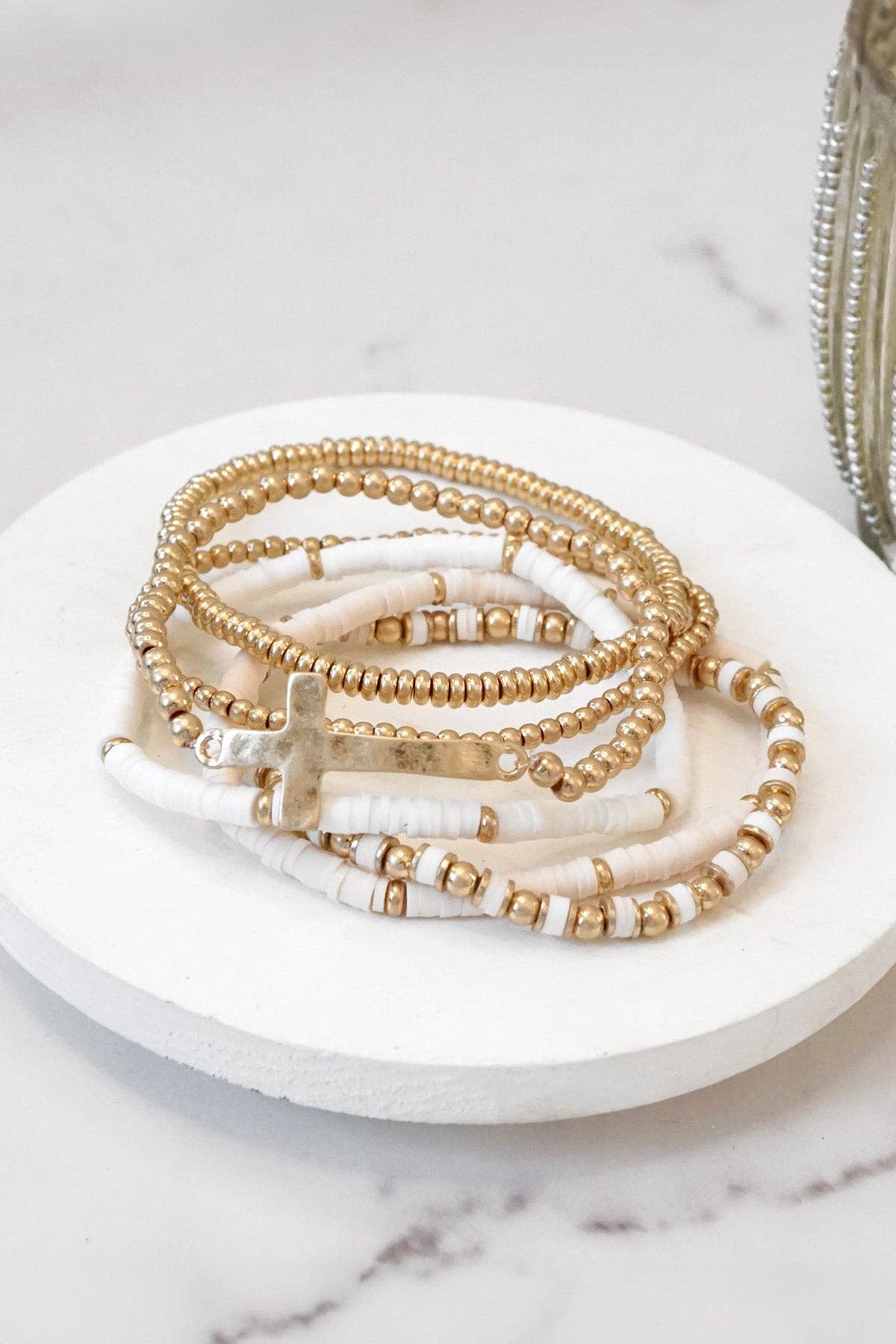 Mini Sideways Cross Bracelet stack Clay and gold