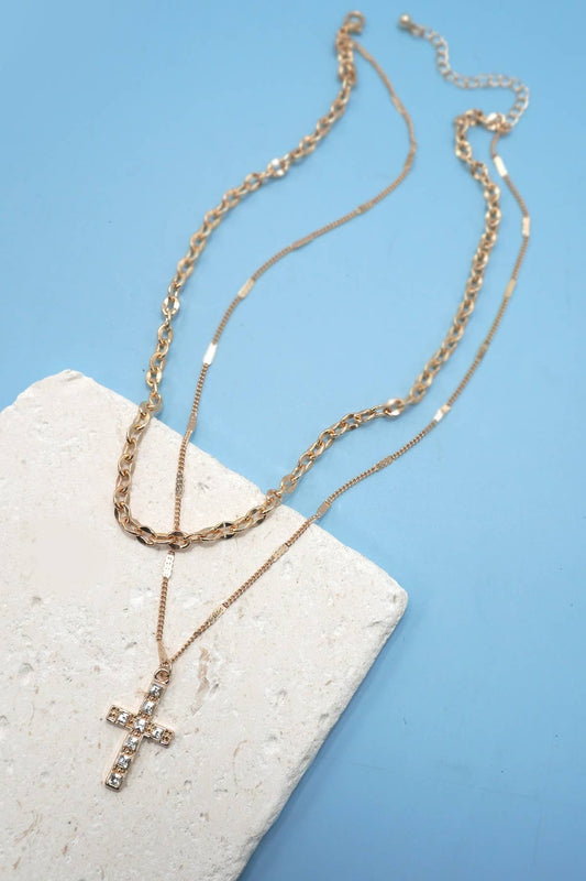 DOUBLE LAYER RHINESTONE CROSS NECKLACE |