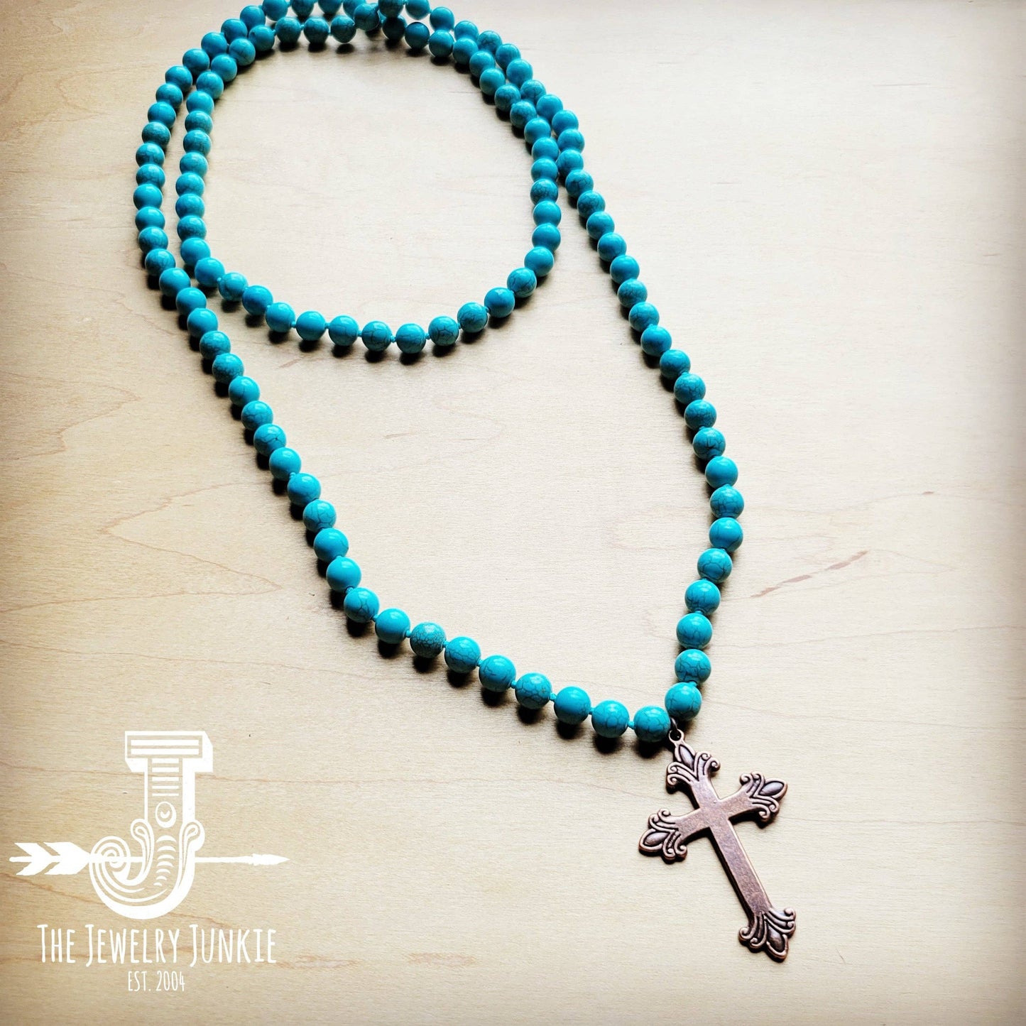 Turquoise Beaded Necklace w/ Copper Cross