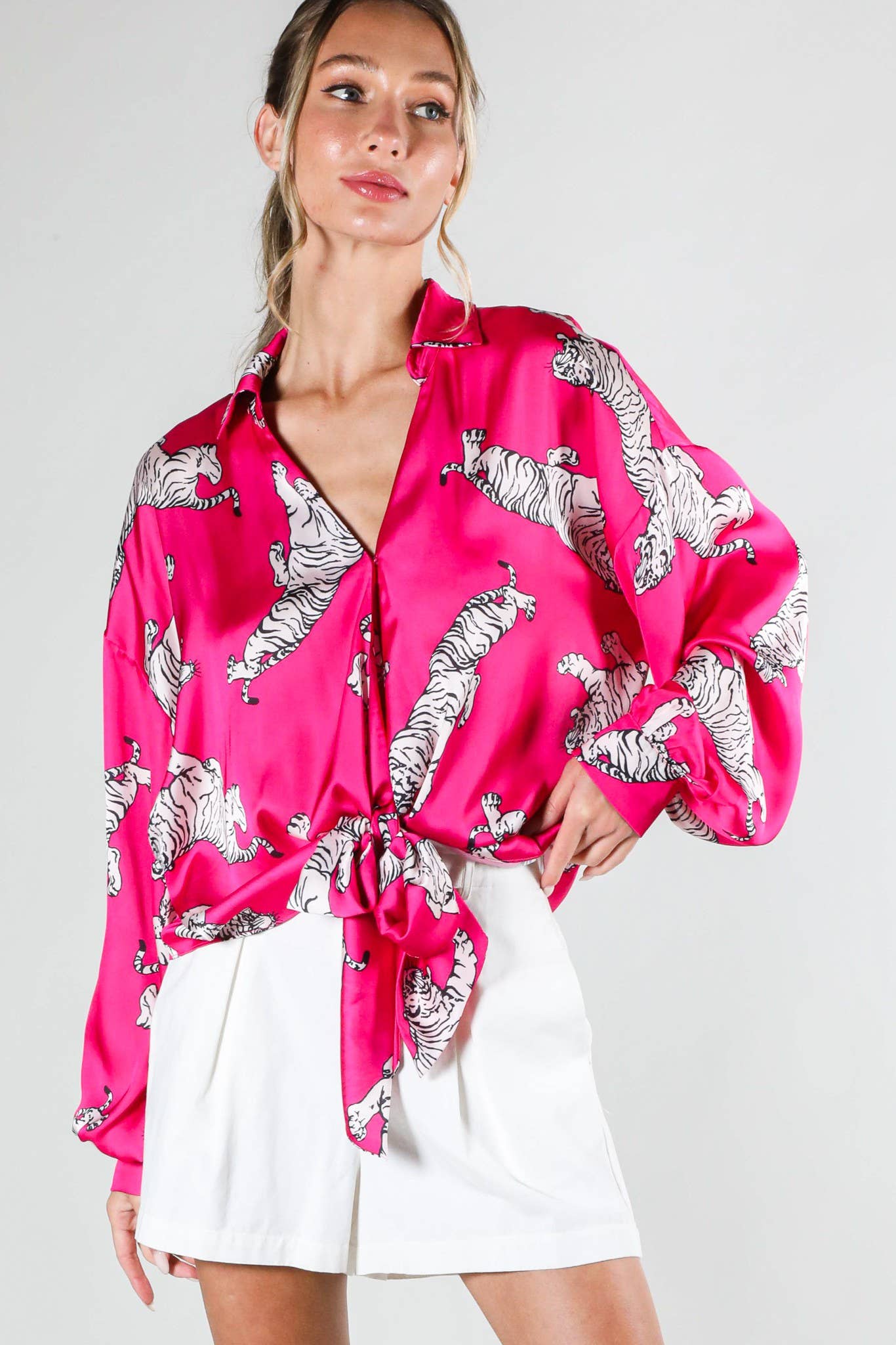 Tie Front Tiger Pink Satin