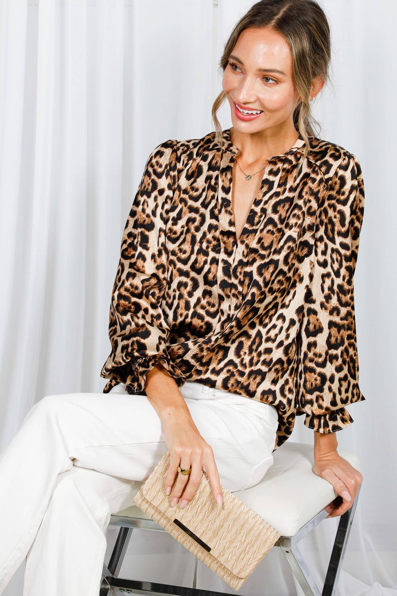 Henley Neckline Smocking Leopard Blouse