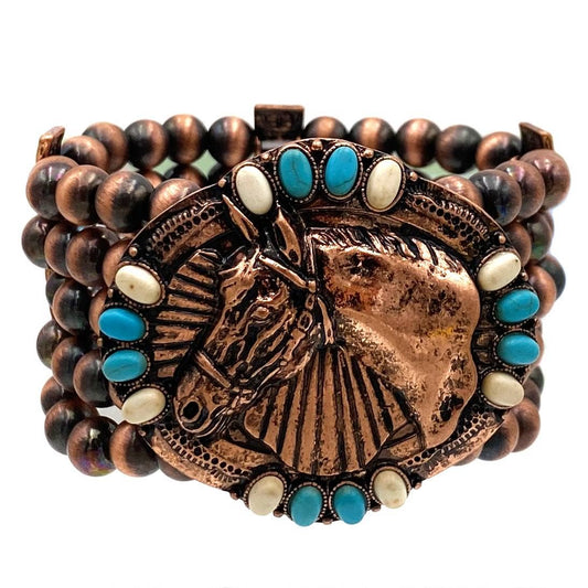 Metal Horse Western Trophy Buckle Chunky Beaded Stretch Bracelet