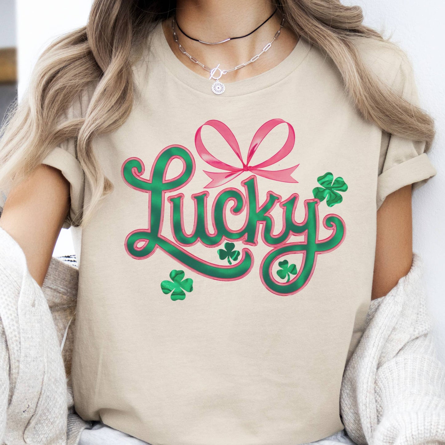 St. Patrick's Day Lucky Pink Girly Tee Bow Graphic Tshirt