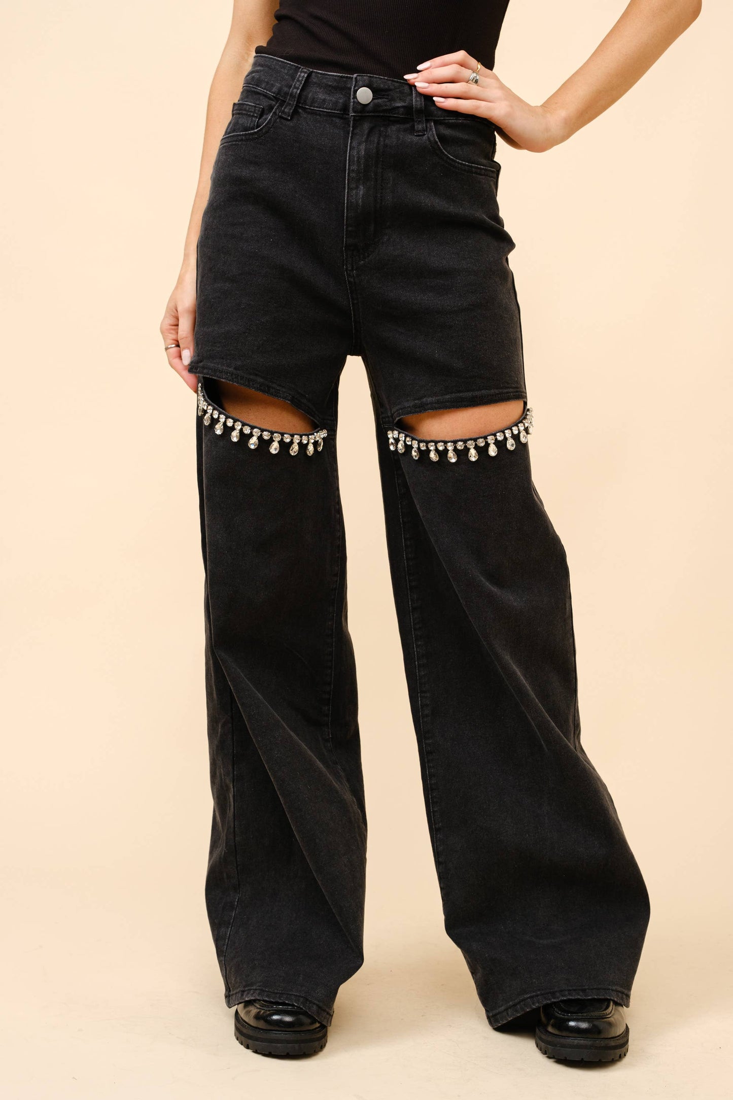 Crystal Slit Blk Denim Jeans