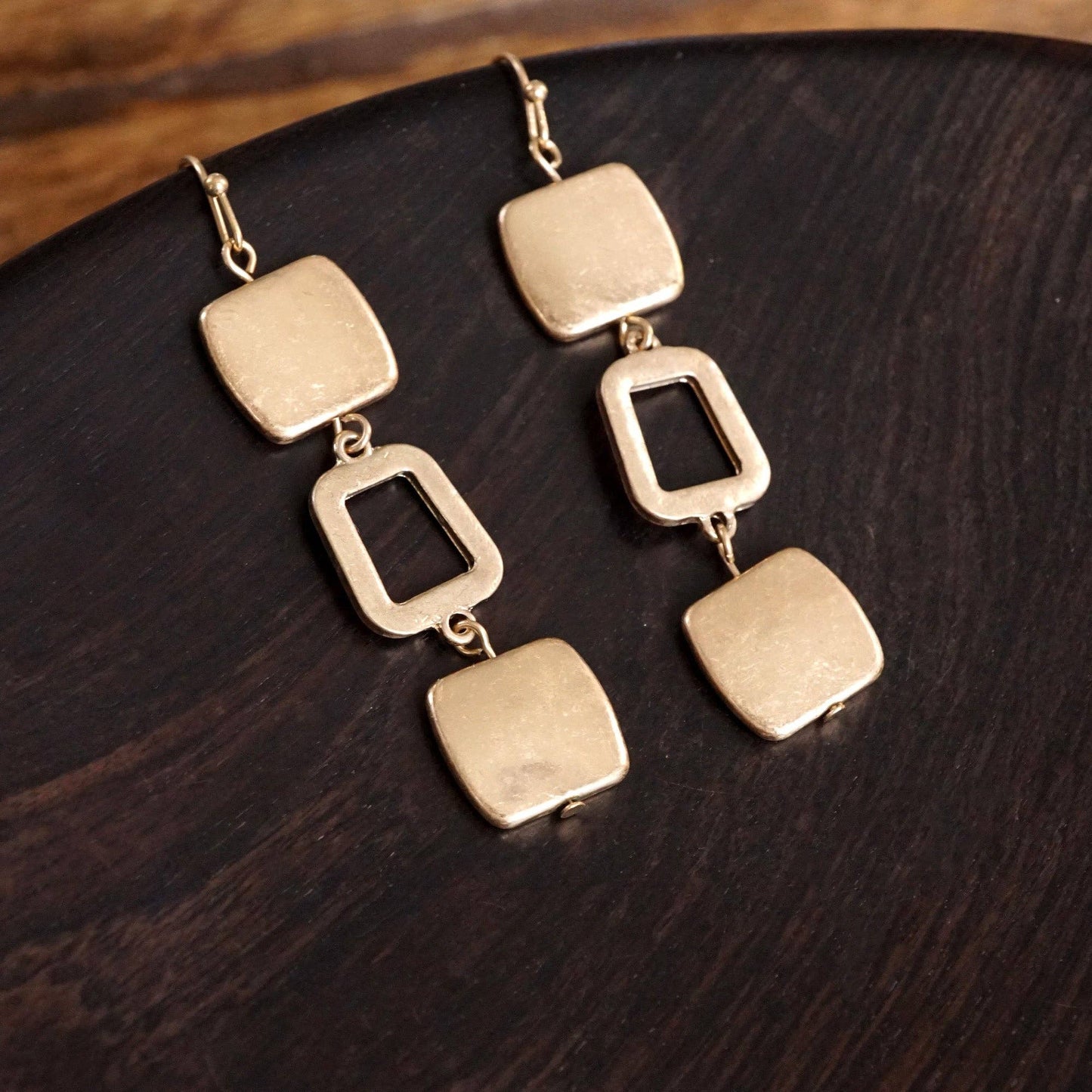 Boho Square Dangle worn gold Earrings