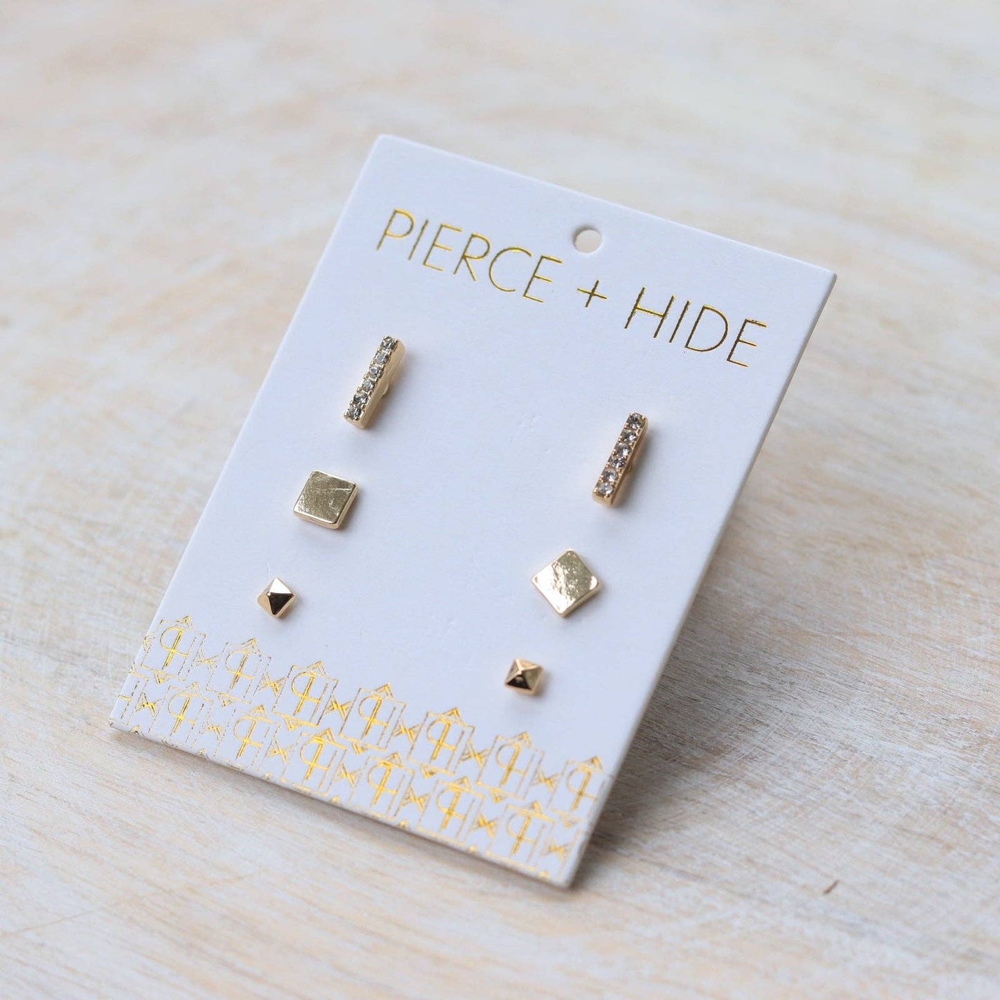 CZ Bar + Square Stud Trio Earrings