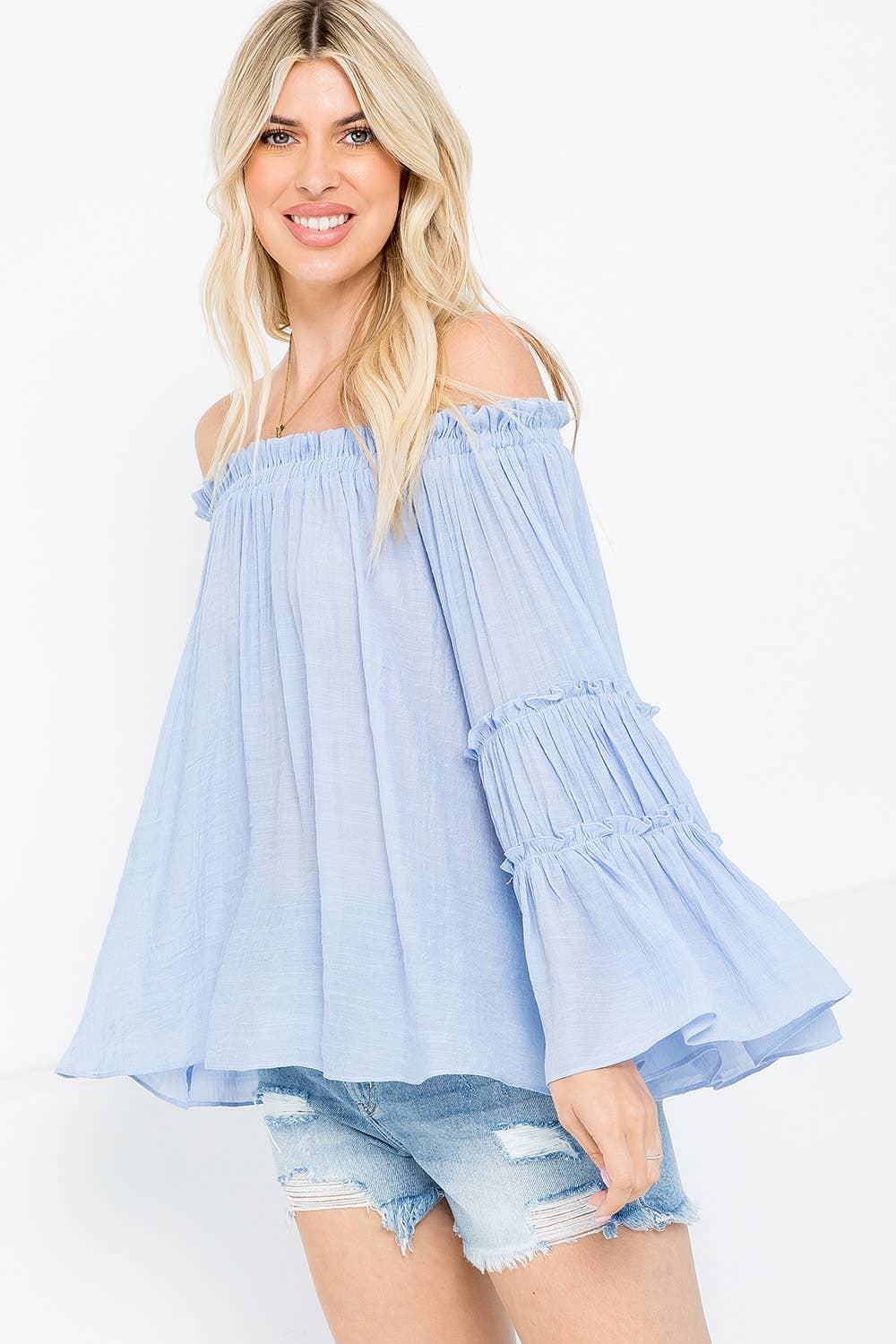 TIERED BELL SLEEVE OFF SHOULDER TOP