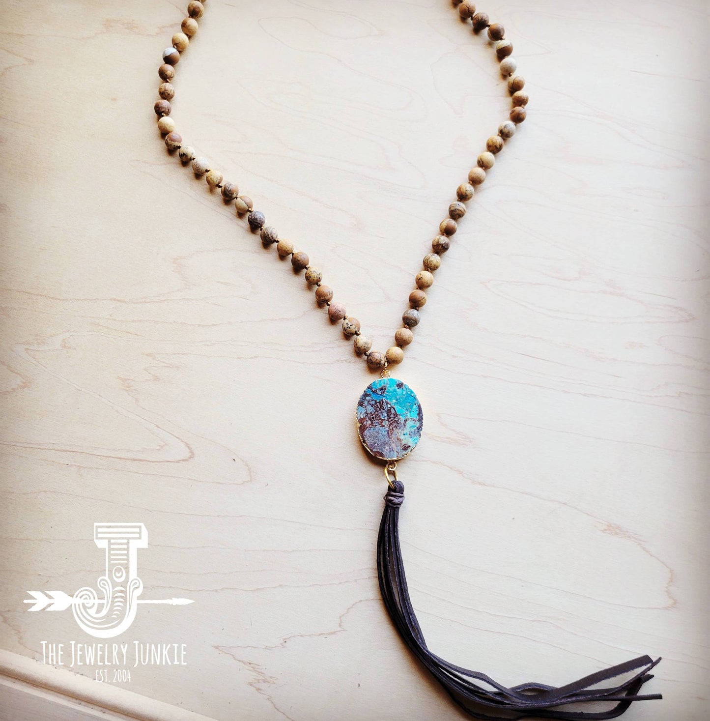 Bohemian Beaded Jasper Necklace with Ocean Agate Pendant 245