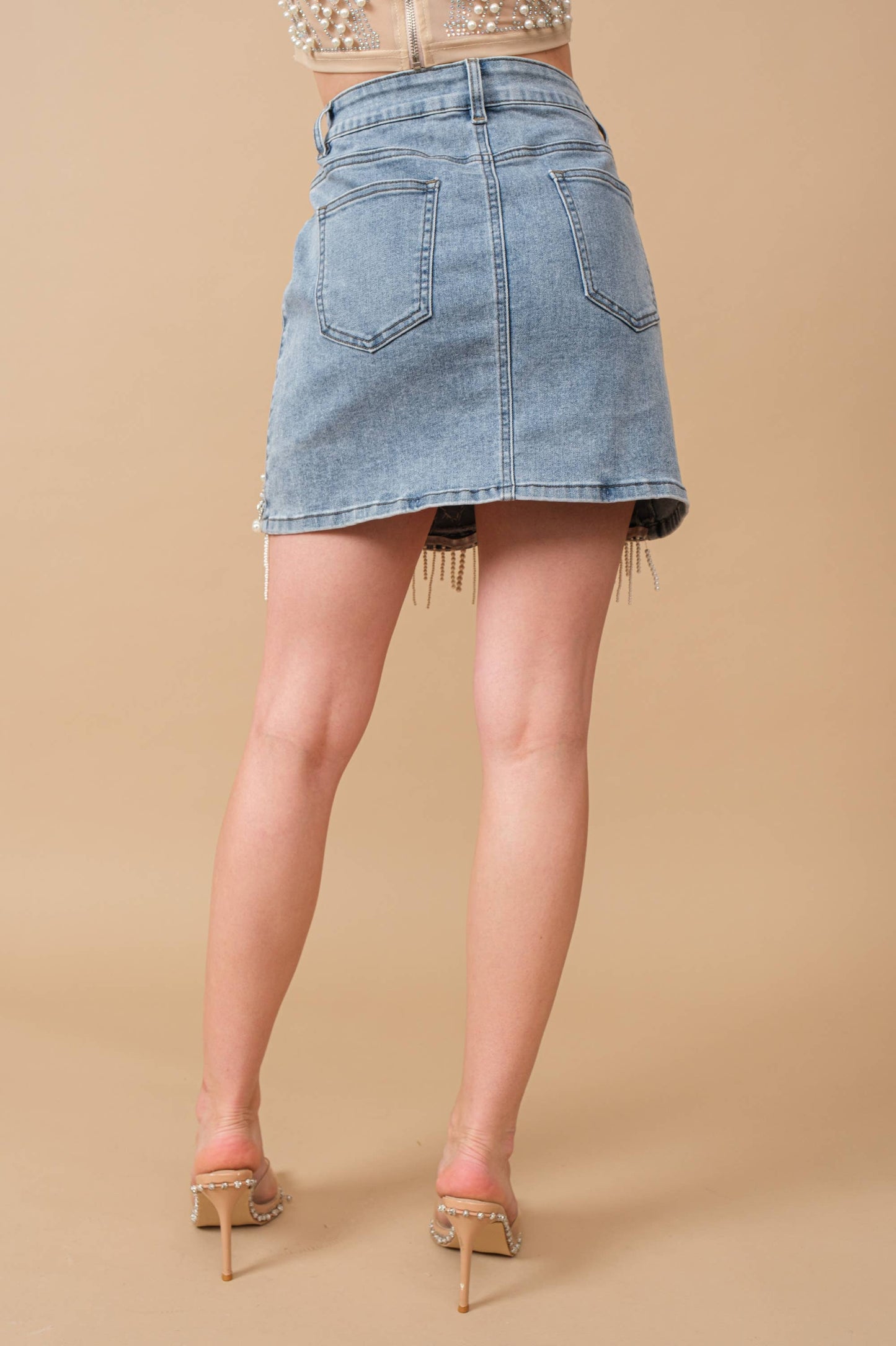 Denim Embellished Pearl Mini Skirt