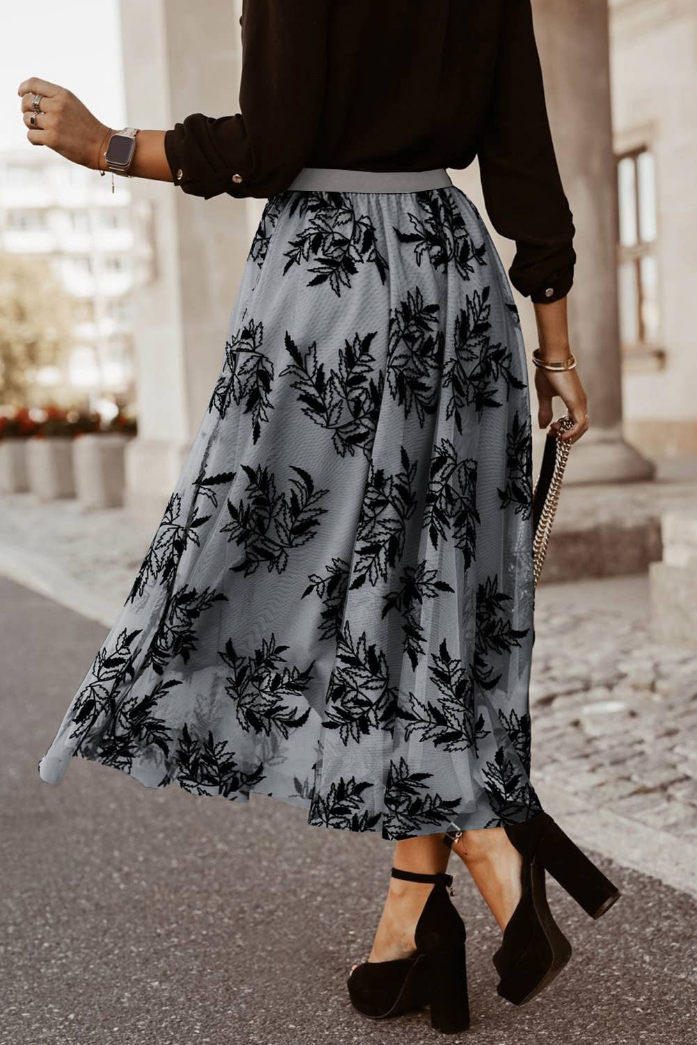 Tan Leaves Embroidered Maxi Skirt