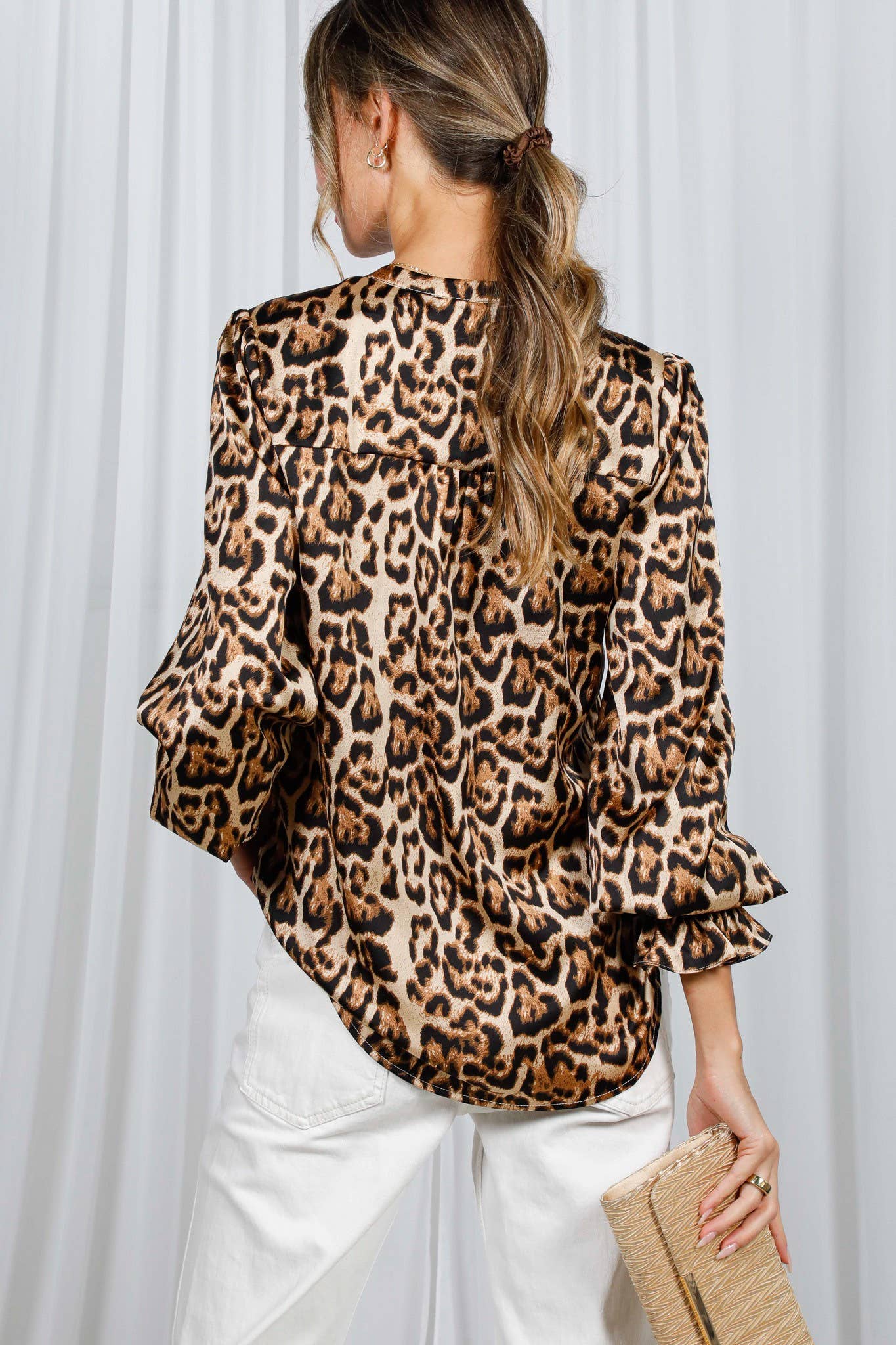 Henley Neckline Smocking Leopard Blouse