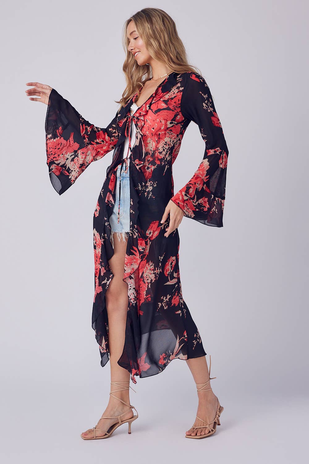 Floral Print Ruffle Kimono
