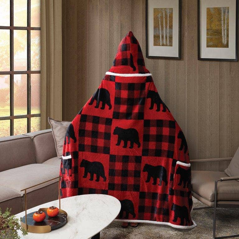 "Buffalo Bear Plaid Red" hooded throw