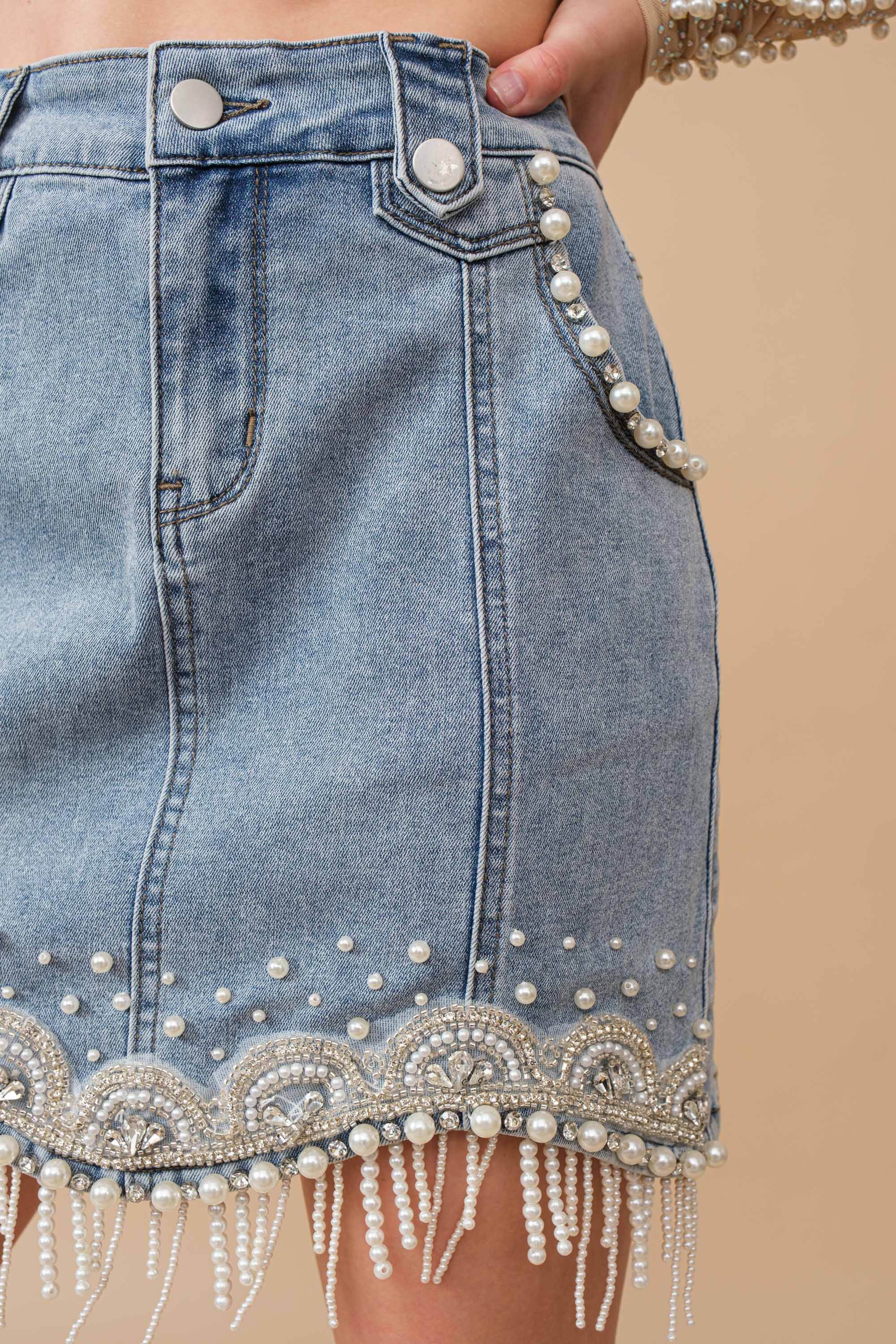 Denim Embellished Pearl Mini Skirt
