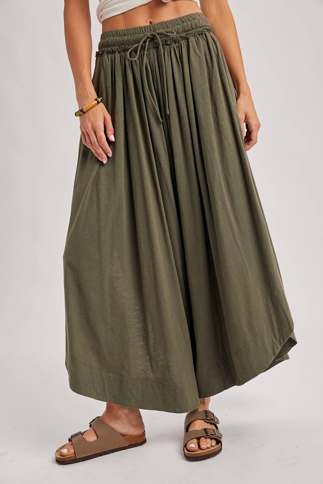 BOHEMIAN SIDE SLIT OLIVE WIDE LEG PANT