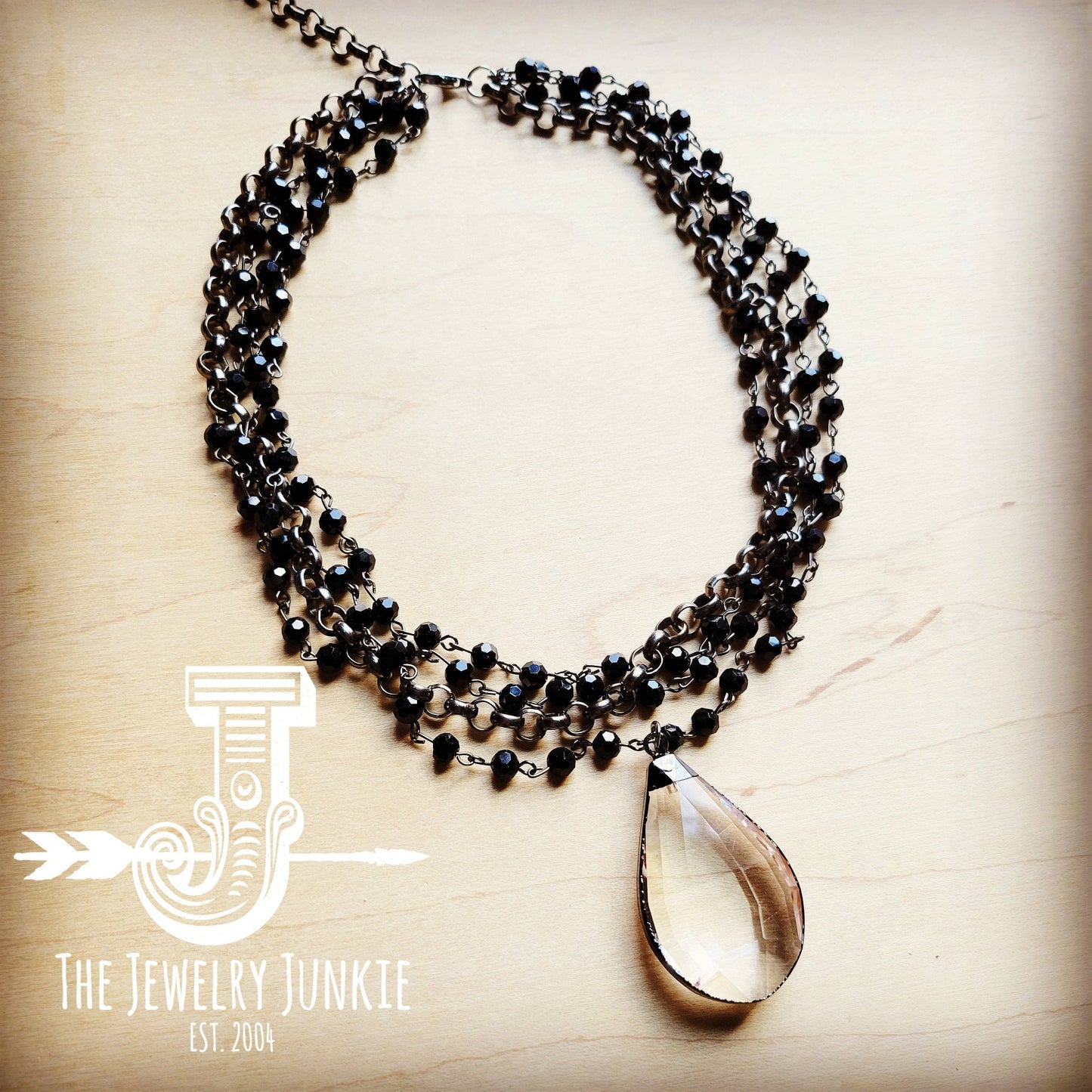 **Black Multi-Strand Collar Necklace w/ Crystal Pendant 256m