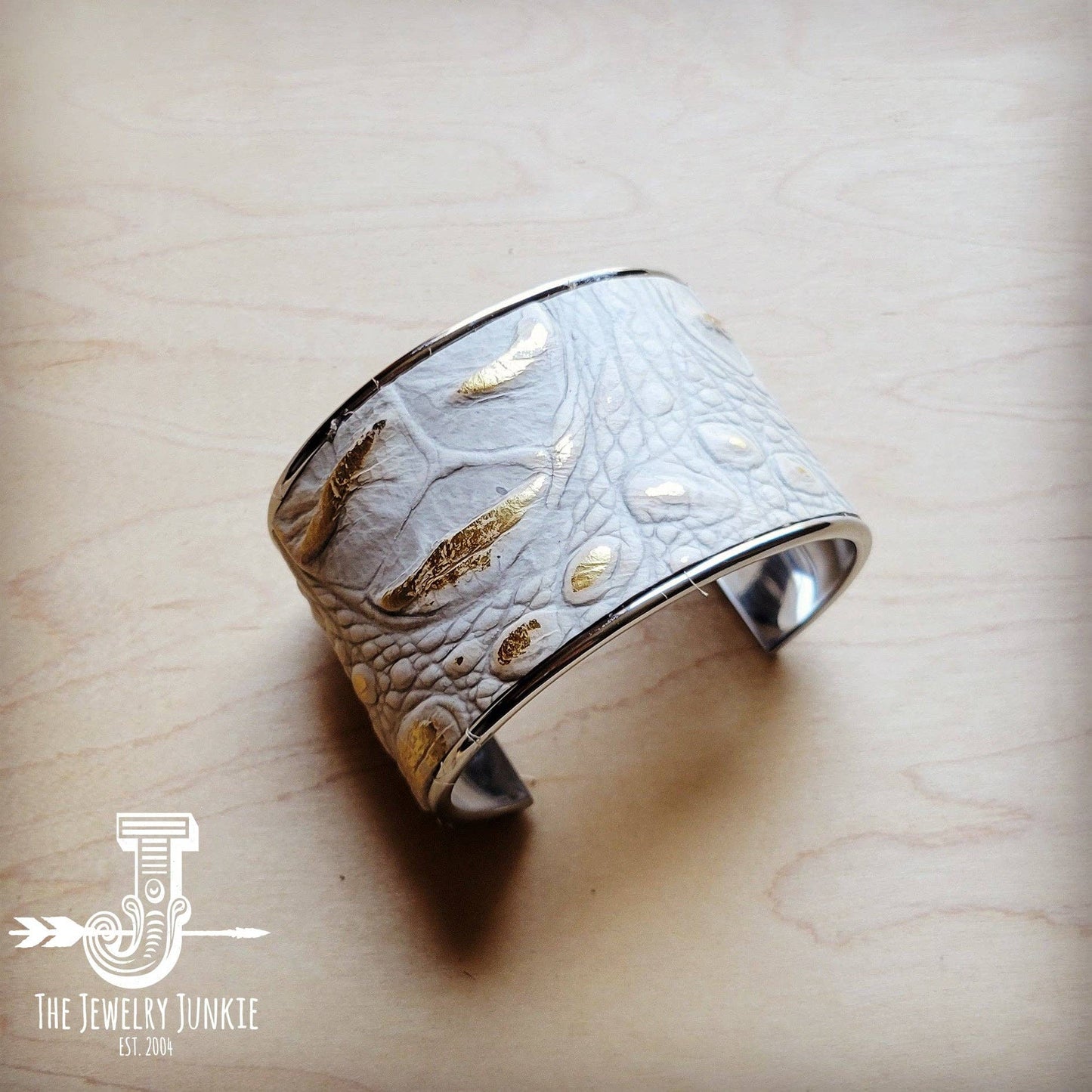 Gold Gator Leather Wide Cuff Bangle