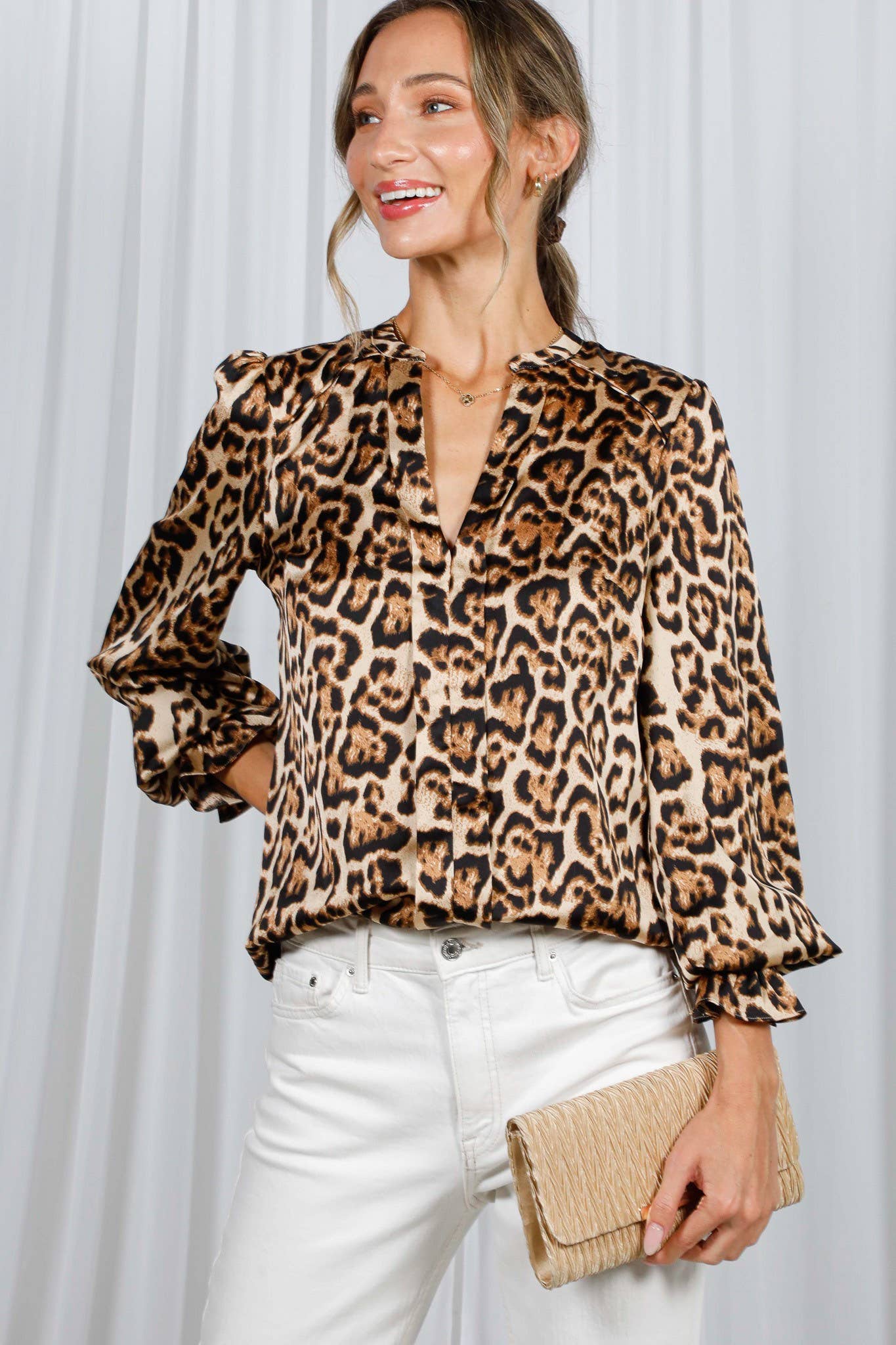 Henley Neckline Smocking Leopard Blouse