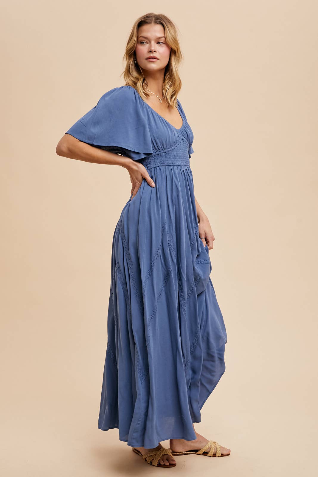 Blue Lace Overlay Flutter Sleeve Maxi