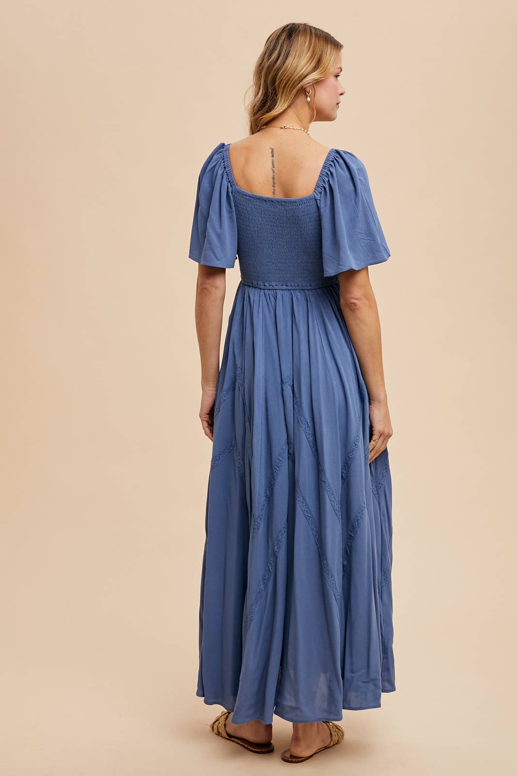 Blue Lace Overlay Flutter Sleeve Maxi