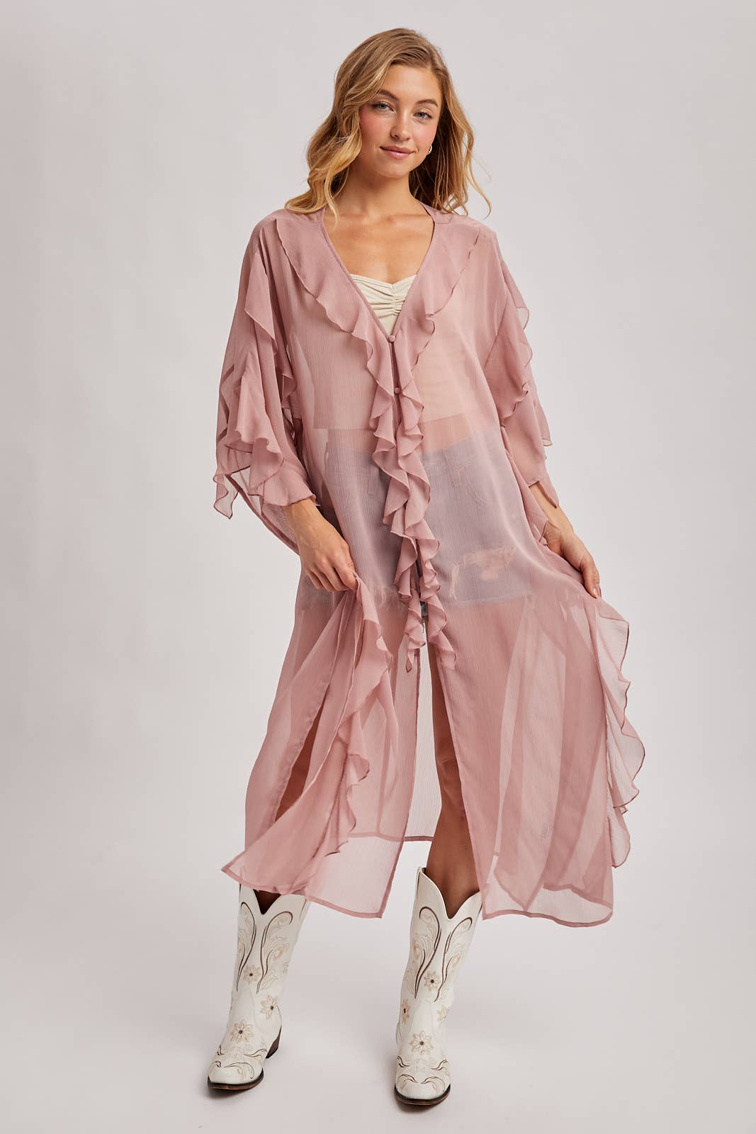 Sheer Dusty Rose Ruffled Kimono