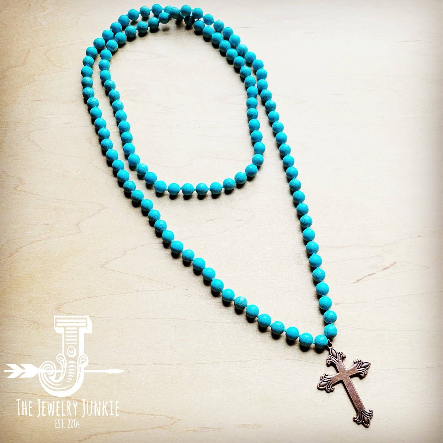 Turquoise Beaded Necklace w/ Copper Cross